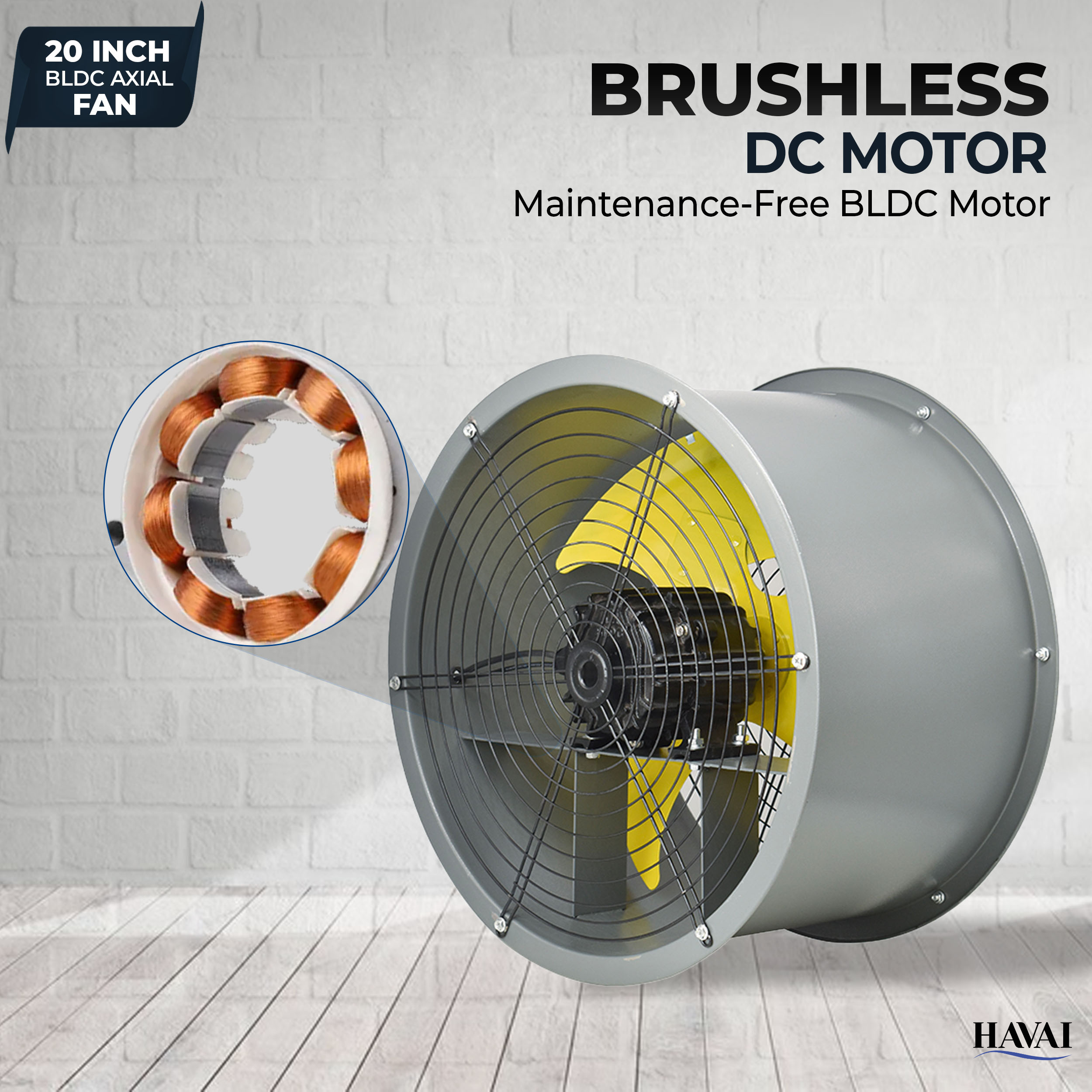 Havai 20-Inch Heavy Duty BLDC Axial Fan | Maintenance-Free BLDC Motor | 4-Leaf 2mm Aluminium Blades | 9-Speed Digital Controller | 600–13,000 m³/hr | 35W–350W | 2-Year Warranty