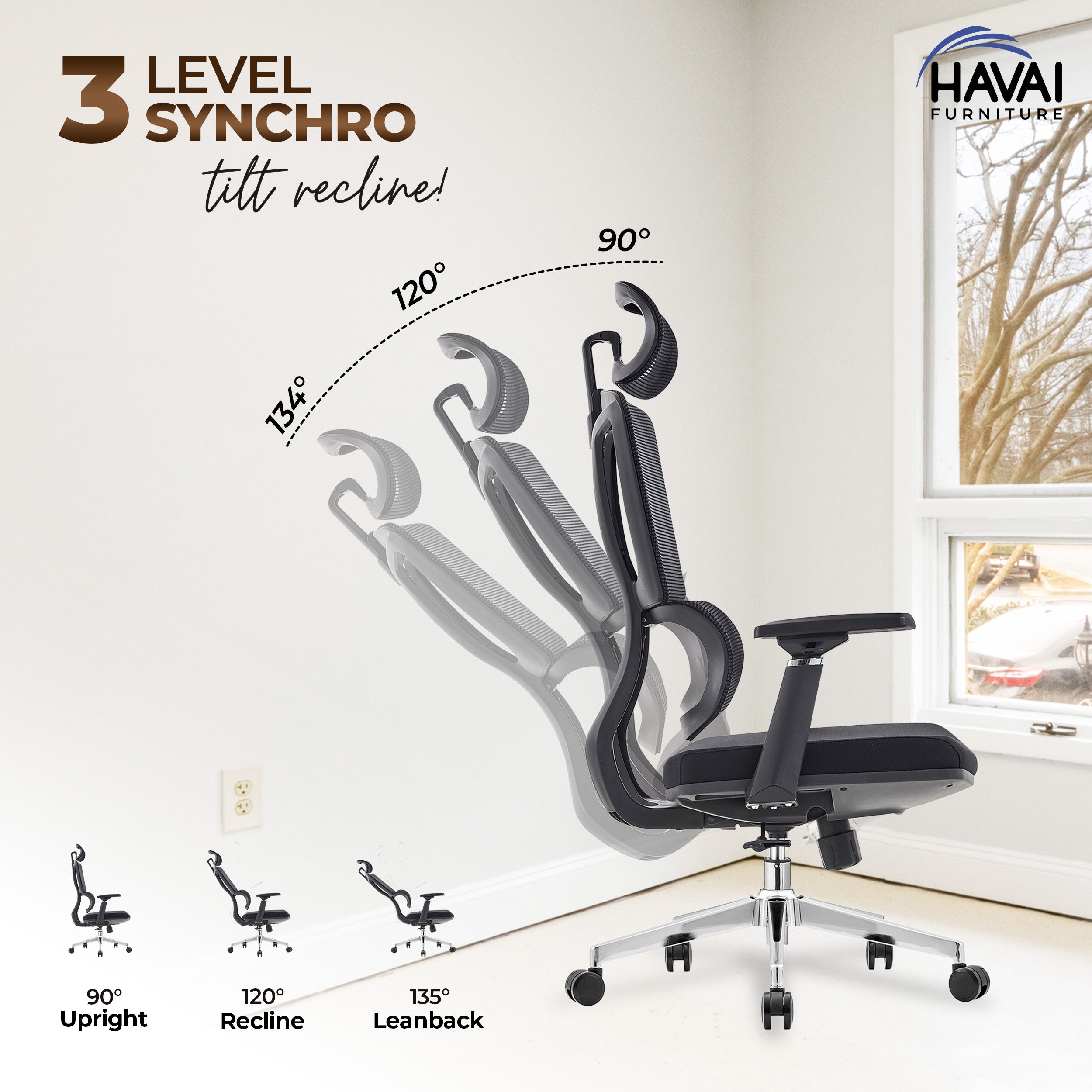 HAVAI Neo High Back Ergonomic Mesh Office Chair | Multi-Lock Mechanism | Chrome Base | 3D Armrests with PU Pads | Adjustable Headrest | Breathable Mesh Back (Black