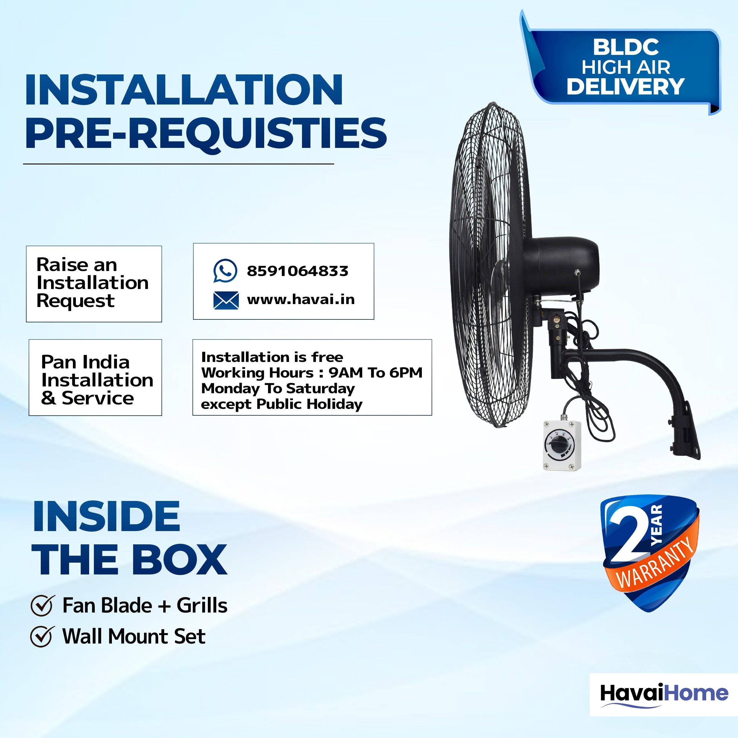 30" BLDC High-Speed Wall-Mount Fan – 3-Blade Design, Energy Efficient (20W-135W), 700-1400 RPM, 18,000 M³/Hr Airflow, 75-Foot Air Throw, 4-Speed Control, 2-Year Warranty