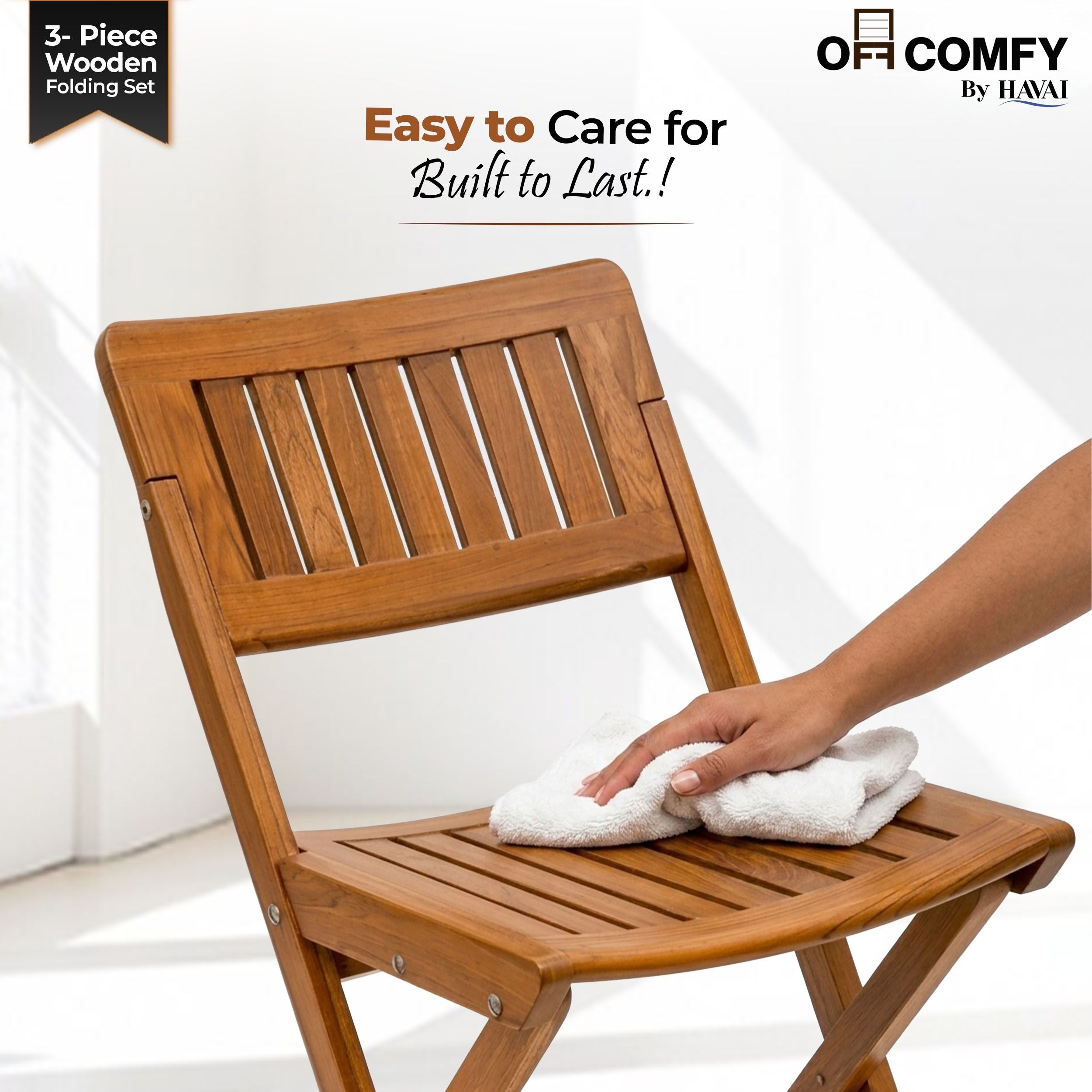 HAVAI Teakwood Foldable Balcony Furniture Set | 2 Chairs & 1 Table | Premium Solid Teak Wood Outdoor Patio Set | Garden, Balcony, Terrace & Cafe Furniture | Pre-Assembled Natural Wood Finish (BROWN)