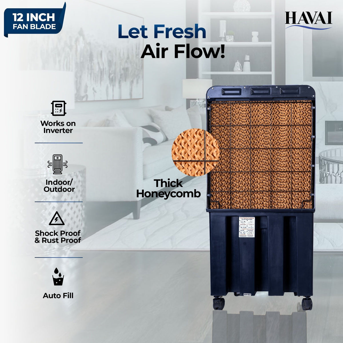 HAVAI Thunder-75 Tower Air Cooler | 70L Tank | 12″ Blade | Ideal for 150 sq ft Rooms | 130W Power | 10 ft Air Throw | 1350 RPM | Auto-Louver | 3-Speed | 1-Year On-Site Motor Warranty (Black)