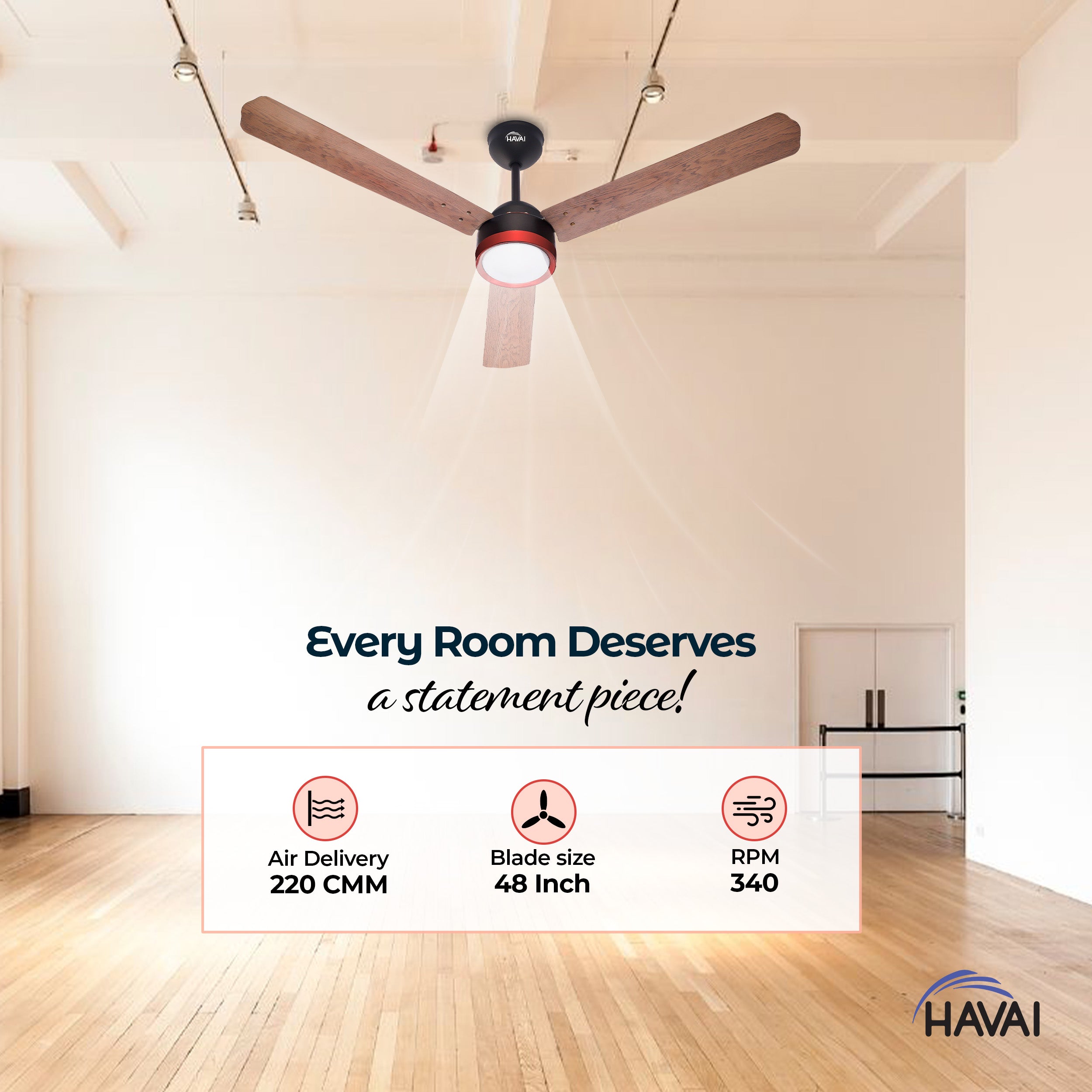 HAVAI Spinel BLDC Ceiling Fan with Decorative Ring | 1200mm, 3 Blades, 27W | Remote Control & 9W LED Light | 2 Years Warranty | Smoky Brown