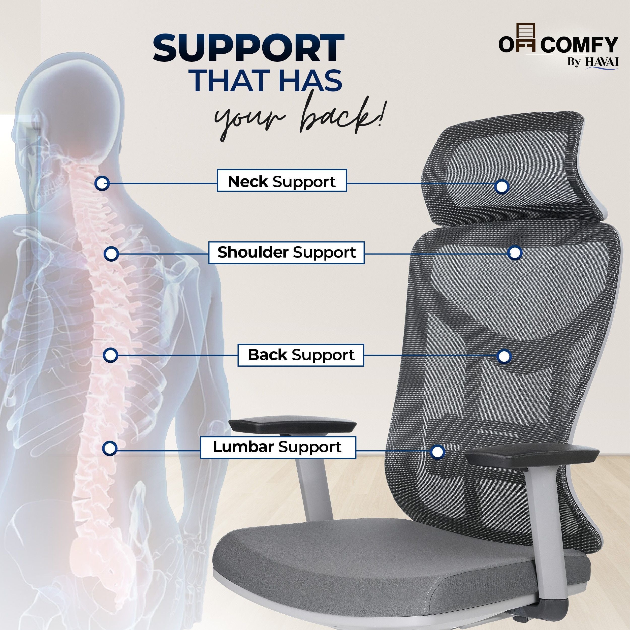 HAVAI Pulse High Back Ergonomic Mesh Office Chair | Multi-Lock Tilt Mechanism | Chrome Base| Breathable Mesh Back | Fixed Headrest (Grey)