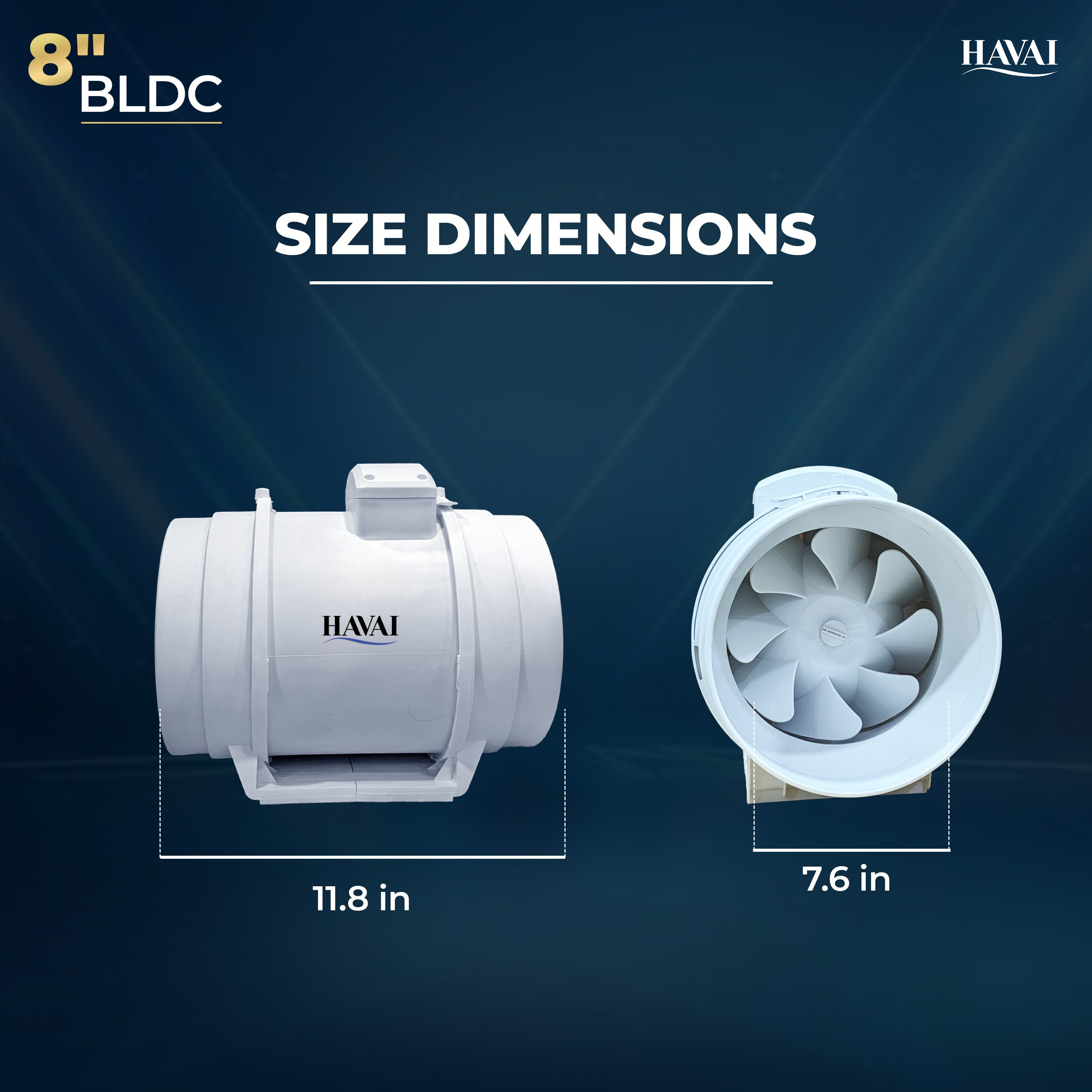 HAVAI BLDC Inline Duct Fan 8 Inch | 900 CMH Airflow | Energy-Saving 40W Exhaust Fan for Ventilation