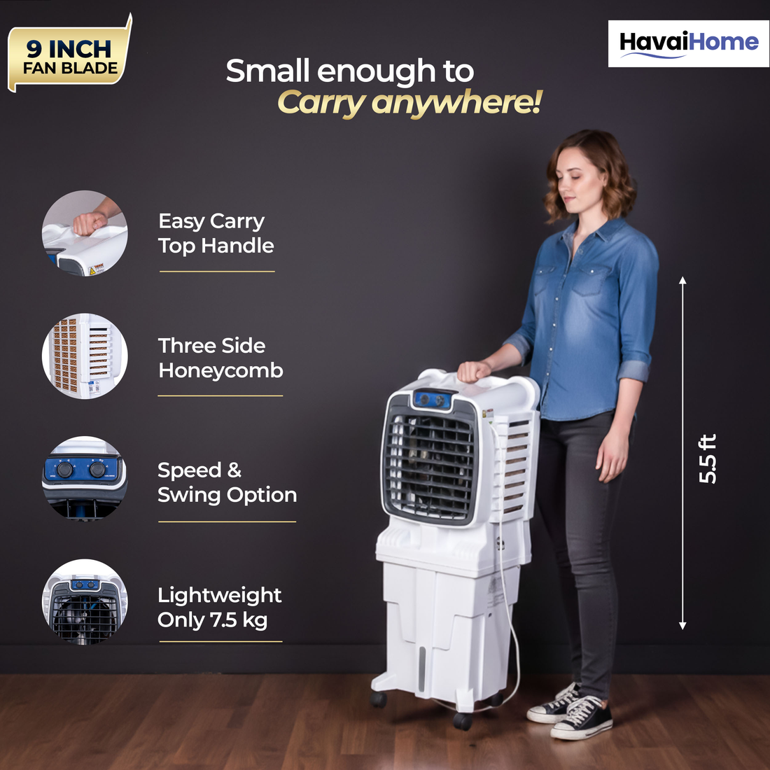 HAVAI Arizona 9 Personal Air Cooler | 9-Inch Blade | 25L Tank | 3-Side Honeycomb Pads | Motorised Louvers | White