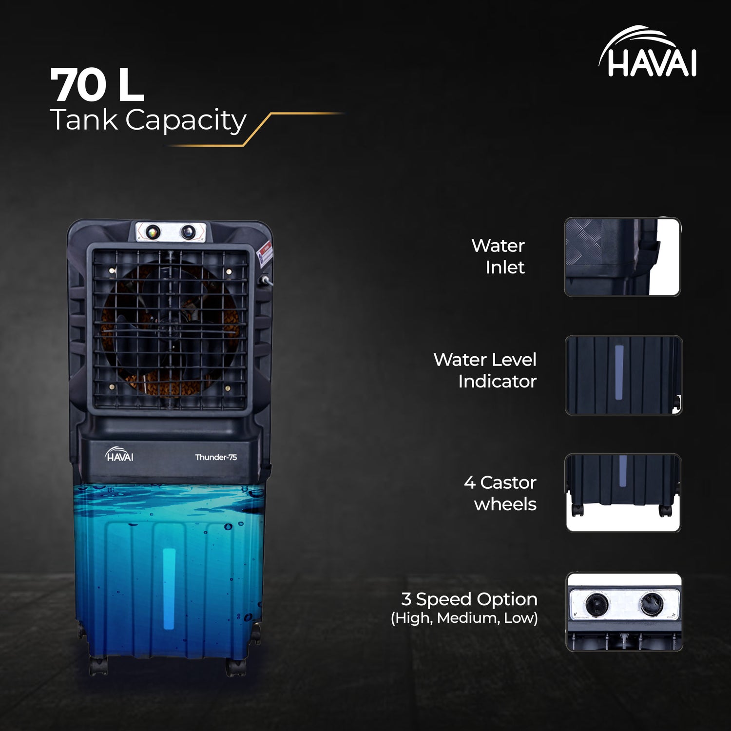 HAVAI Thunder-75 Air Cooler | 70L Tank Capacity, 150W Power, 250 Sq. Ft. Area Coverage | 15 Ft. Air Throw, Auto Louver Movement, 3-Speed Control, 3-Way Air Delivery | Powerful Cooling