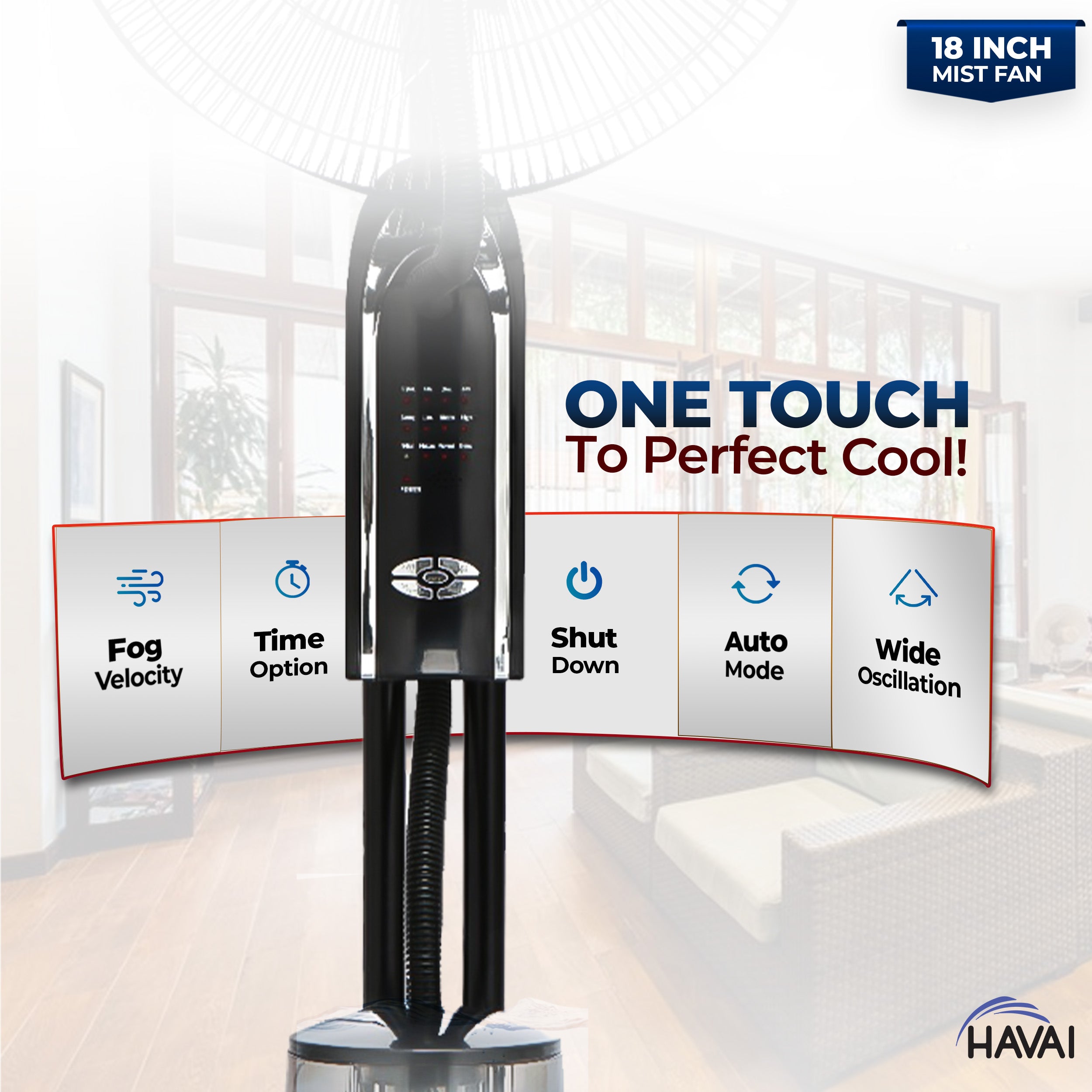 HAVAI RED 18" BLDC Mist Pedestal Fan – High-Speed, Remote & Touch Control, 3.2L Tank, 80W Power, 350 Sq Ft Coverage, Easy Install, Black (Copy)