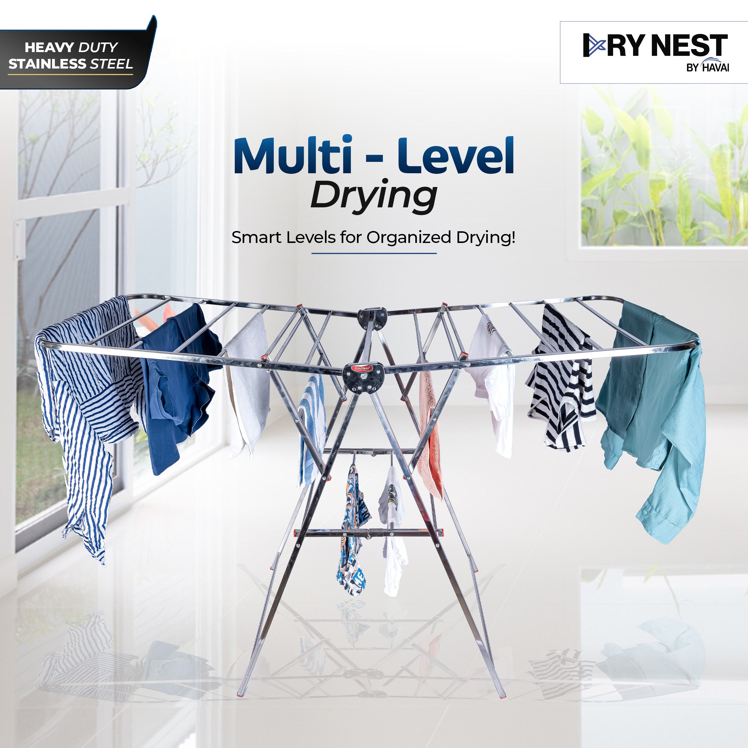 DryNest by HAVAI – Heavy Duty Foldable Cloth Drying Stand | Rust-Free Stainless Steel Laundry Rack | Indoor, Outdoor & Balcony Use | Portable Clothes Dryer Stand