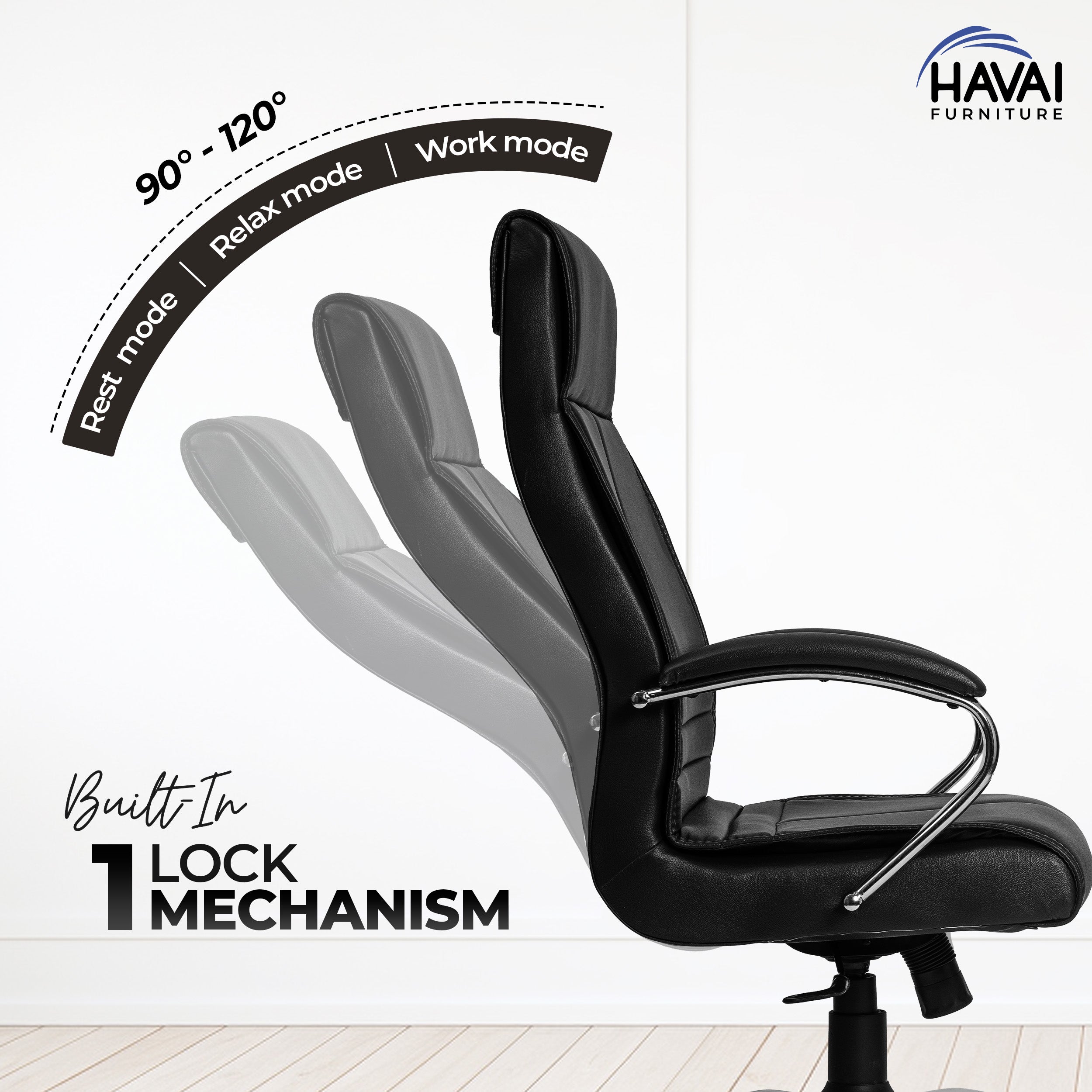 HAVAI Nova High Back Office Chair | Premium Leather | Ergonomic Executive Chair with Single Lock Tilt Mechanism | Chrome Steel Base & Arms | Class 4 Gaslift | 50mm Casters | High-Density Cushioned Seat & Back (Black)