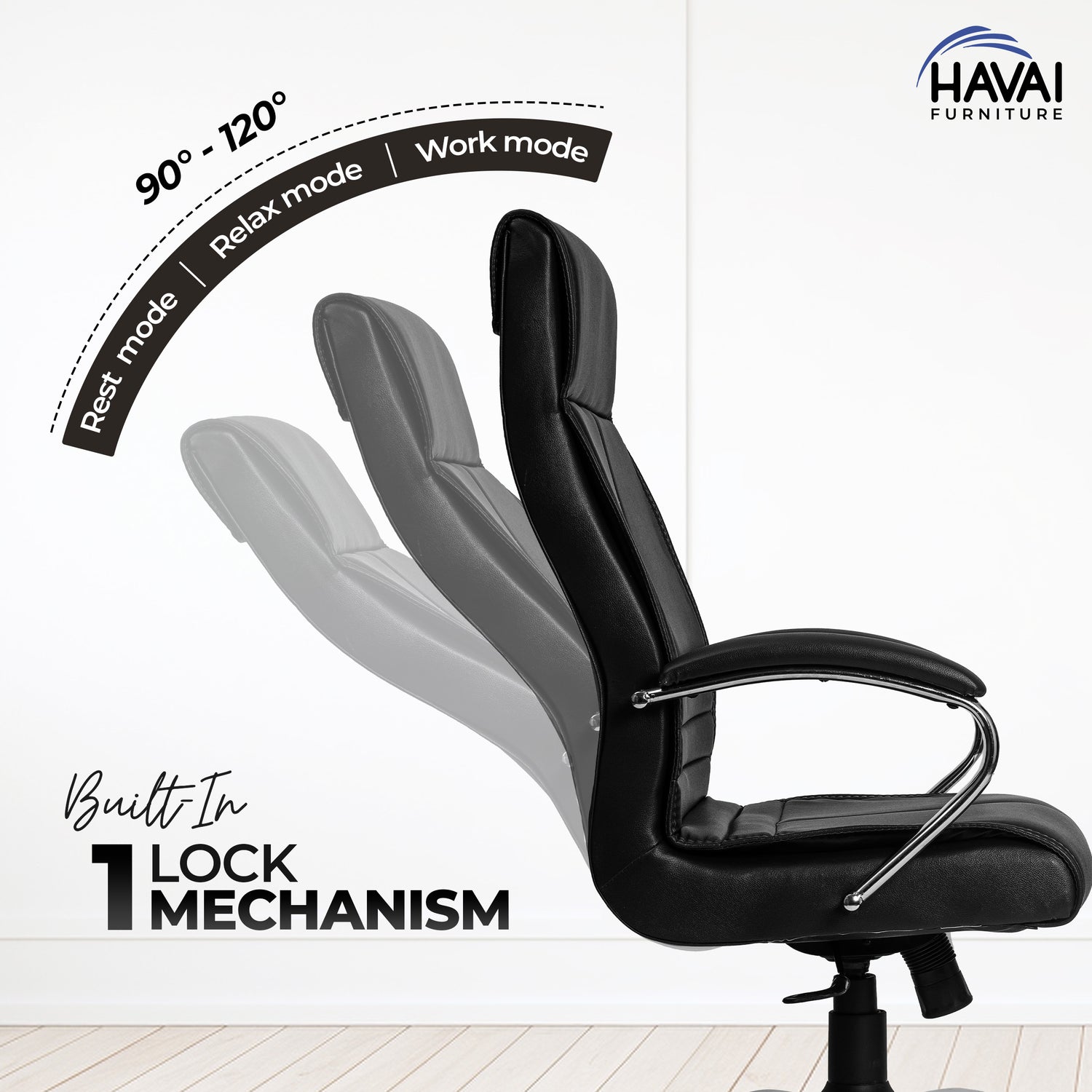 HAVAI Nova High Back Office Chair | Premium Leather | Ergonomic Executive Chair with Single Lock Tilt Mechanism |  Chrome Steel Base & Arms | Class 4 Gaslift | 50mm Casters  | High-Density Cushioned Seat & Back (Black)