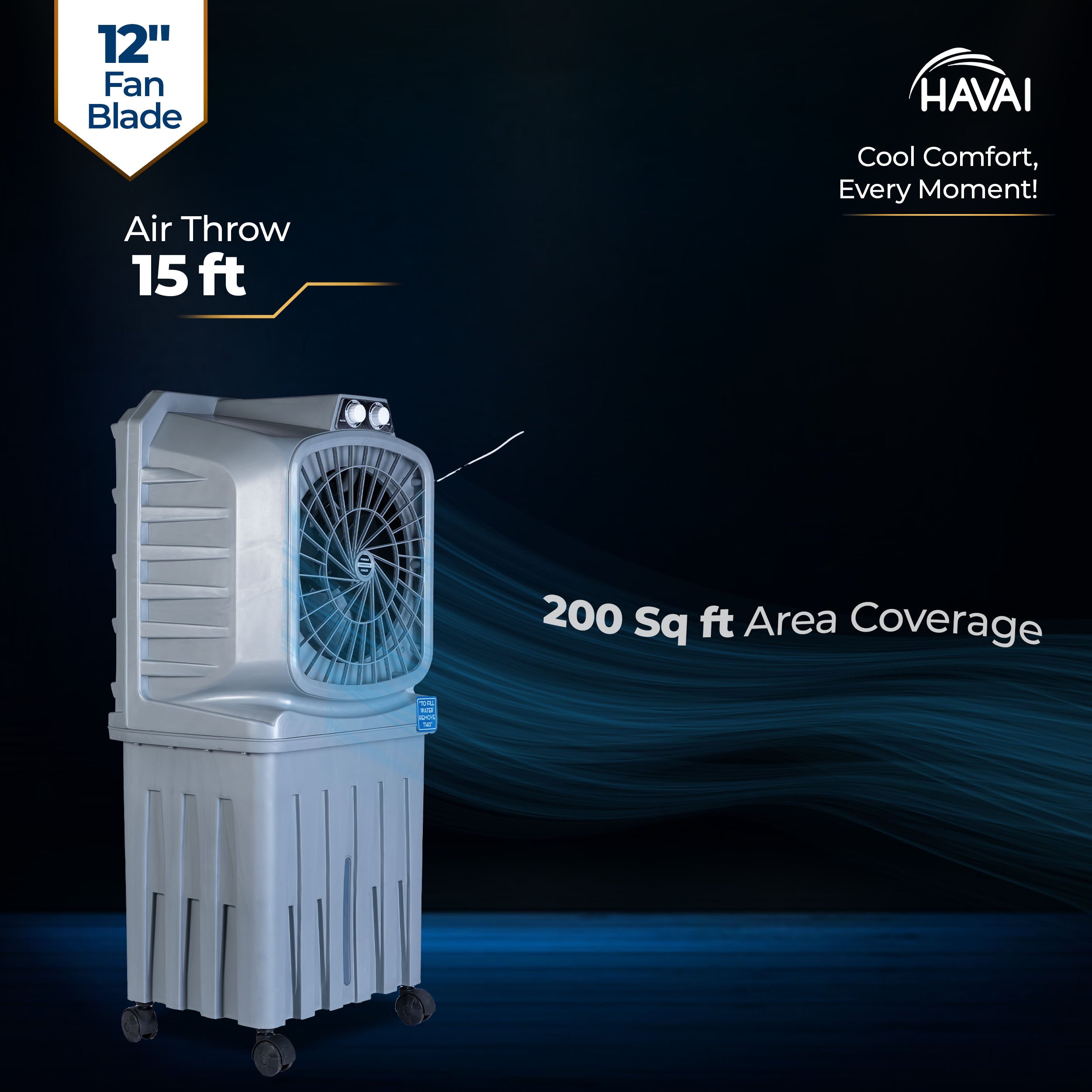 HAVAI Mighty 12 Personal Air Cooler | 12 inch Blade | 50L Tank Capacity, 120W Power, 200 Sq. Ft. Area Coverage | 15 Ft. Air Throw, 3-Speed Control, Grey