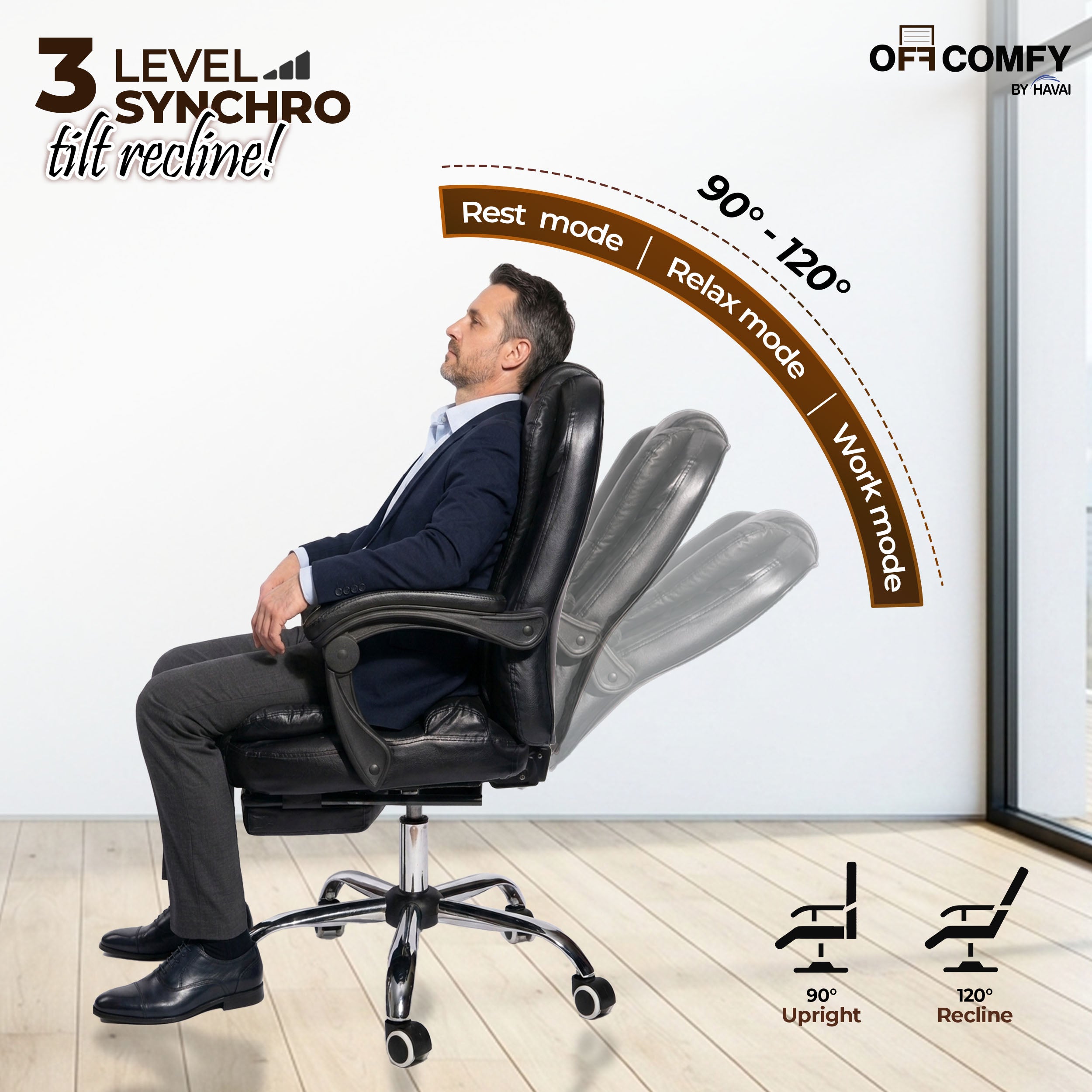 HAVAI Comfexa Executive Office Chair | Premium Recliner Chair with Footrest | Ergonomic High Back Cushion | PVC Leather Finish | Reclining & Folding Mechanism | Class 2 Gas Lift | Nylon Base | Heavy Duty Office & WFH Chair | Black