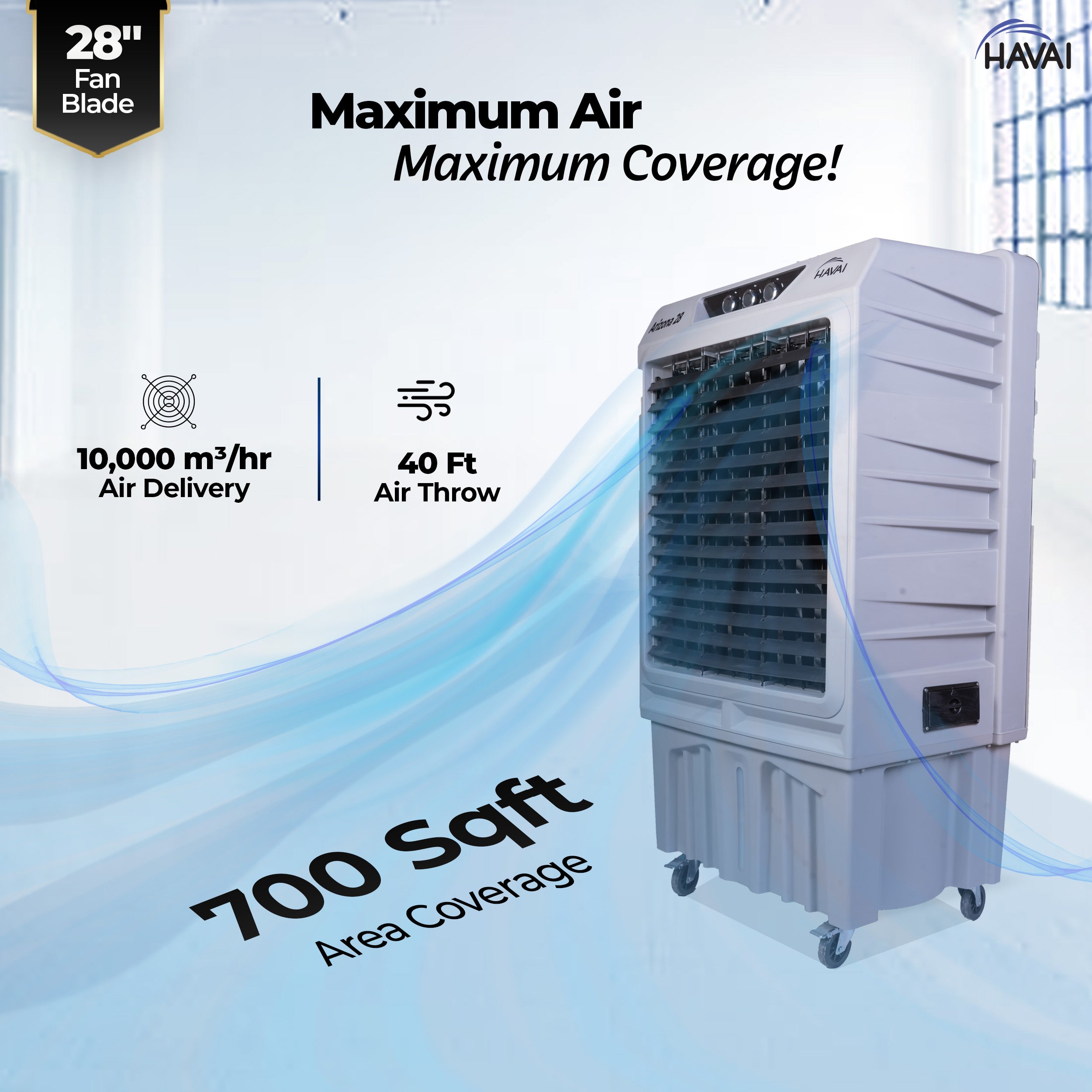 HAVAI Arizona 28 Industrial & Commercial Air Cooler | 28-Inch Engineered 3-Leaf Blade | 10,000 m³/hr Air Delivery | 150L Tank | 500W Motor | 40 Ft Air Throw | Covers 700 Sq. Ft. | Finger Pull Drain Plug | 1-Year Warranty
