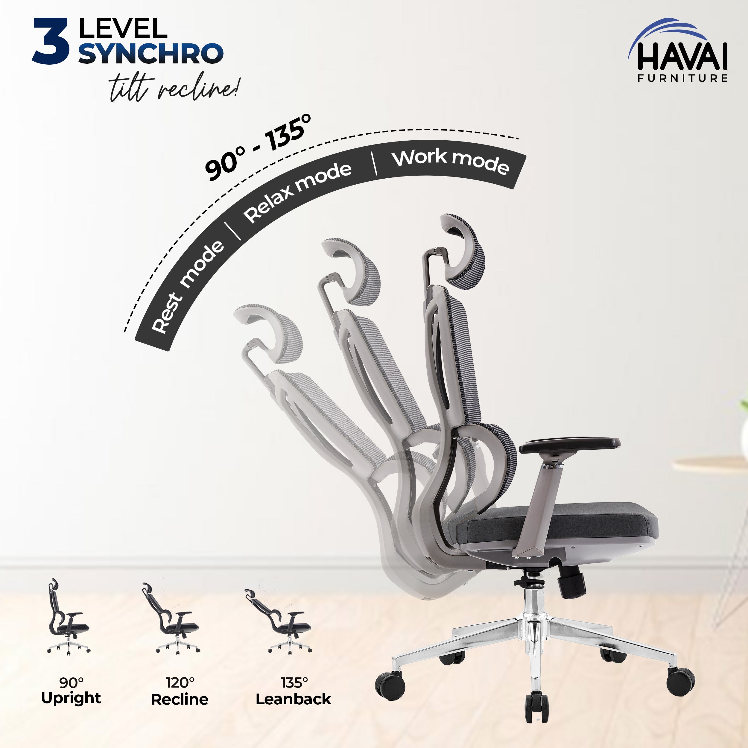 HAVAI Flexi High Back Black Mesh Ergonomic Office Chair | Multi-Lock Synchro Tilt | Aluminium Base | Class 4 Gaslift | Seat Slider | 3D Adjustable Armrests | 50mm Casters | Premium Mesh Back & Fabric Seat(Grey)