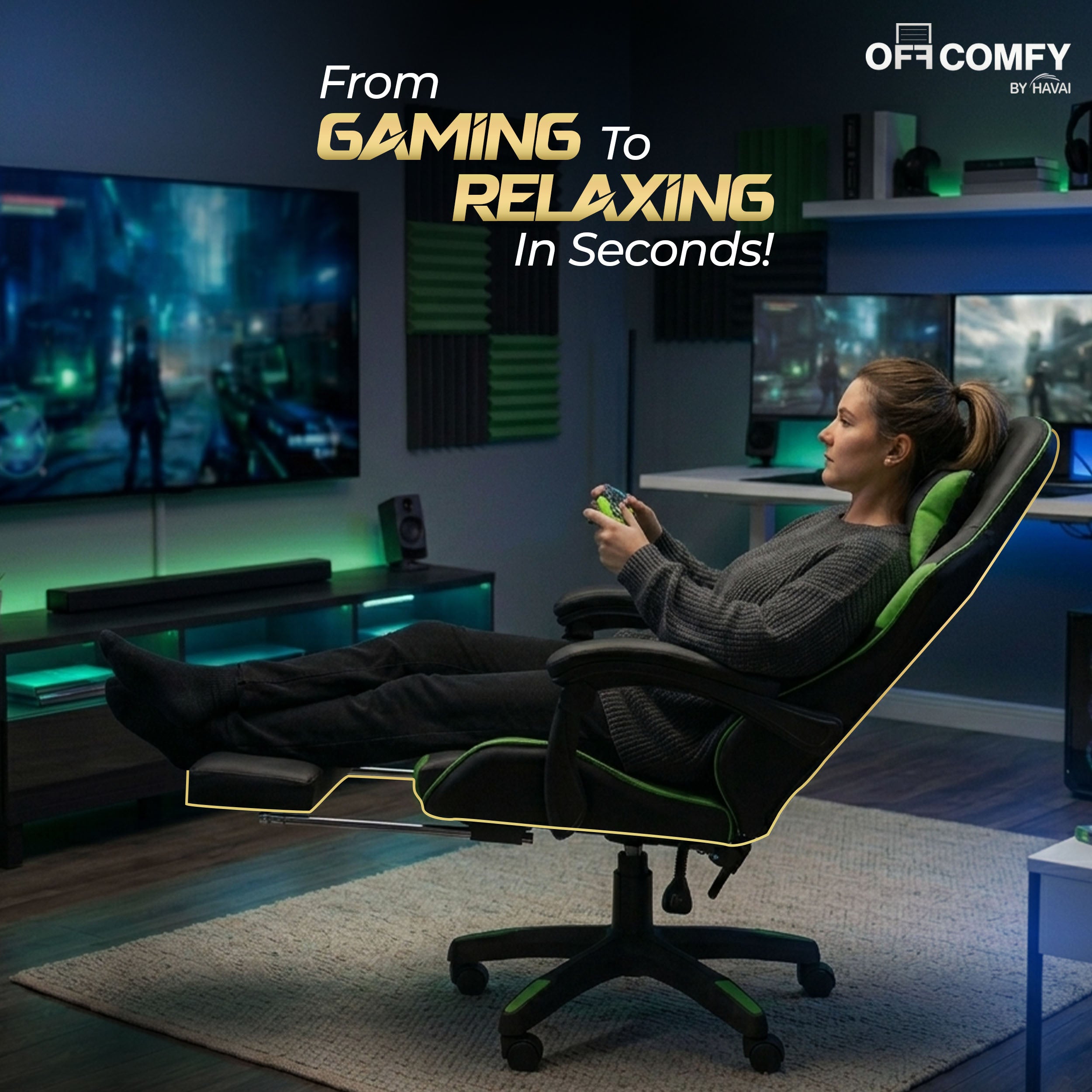 HAVAI Vortex GREEN Gaming Chair | Ergonomic High Back Computer Chair with Linkage Armrests | Reclining & Folding Backrest | Premium 0.55mm PVC Upholstery | High Density Foam Cushion | Class 1 Gas Lift | 320mm Nylon Base | (Green & Black)