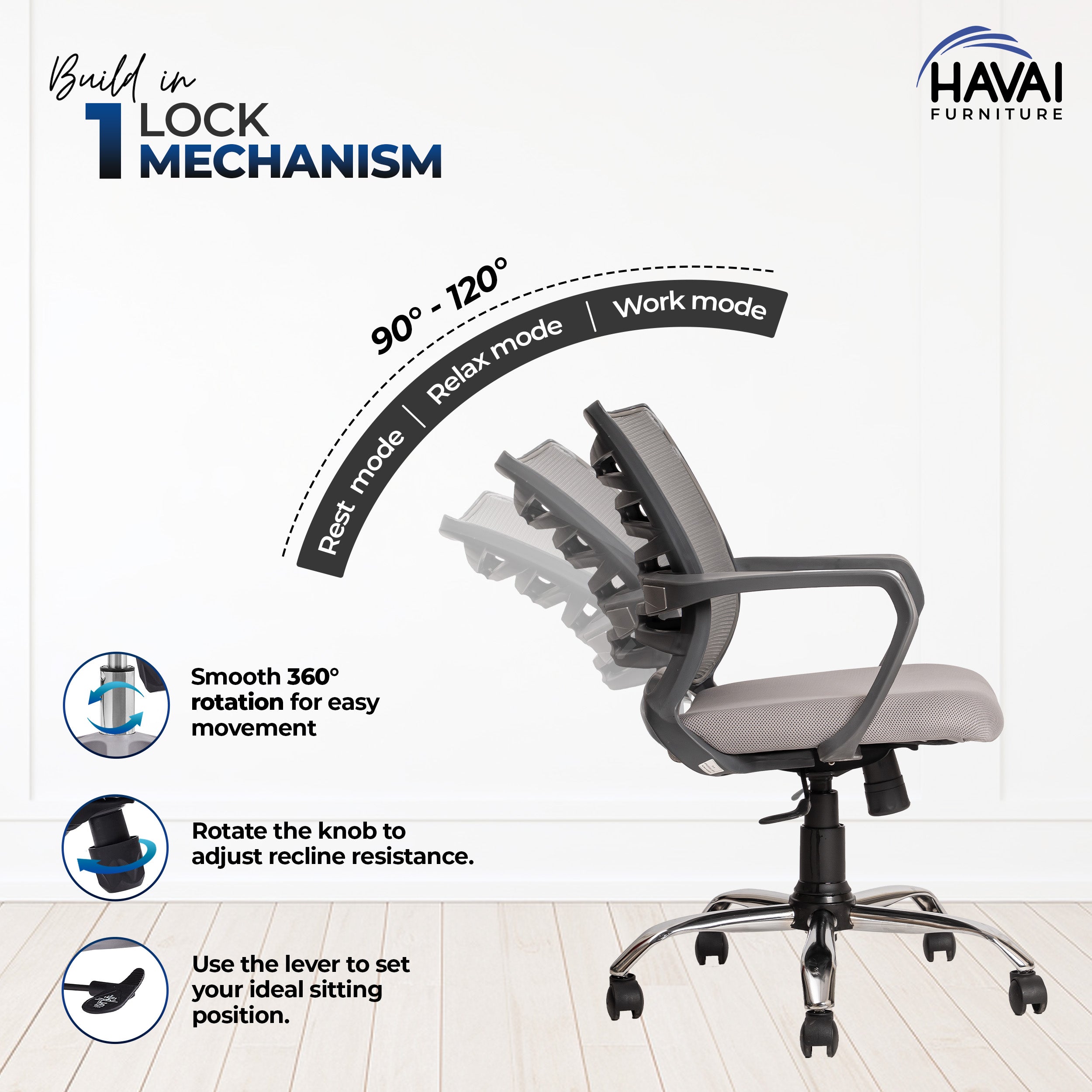 HAVAI Navy Grey Low Back Ergonomic Mesh Office Chair | Single Lock Tilt Mechanism | Mild Steel EPC Base | Class 4 Gaslift | Fixed Armrests | 50mm Casters | Breathable Mesh Back