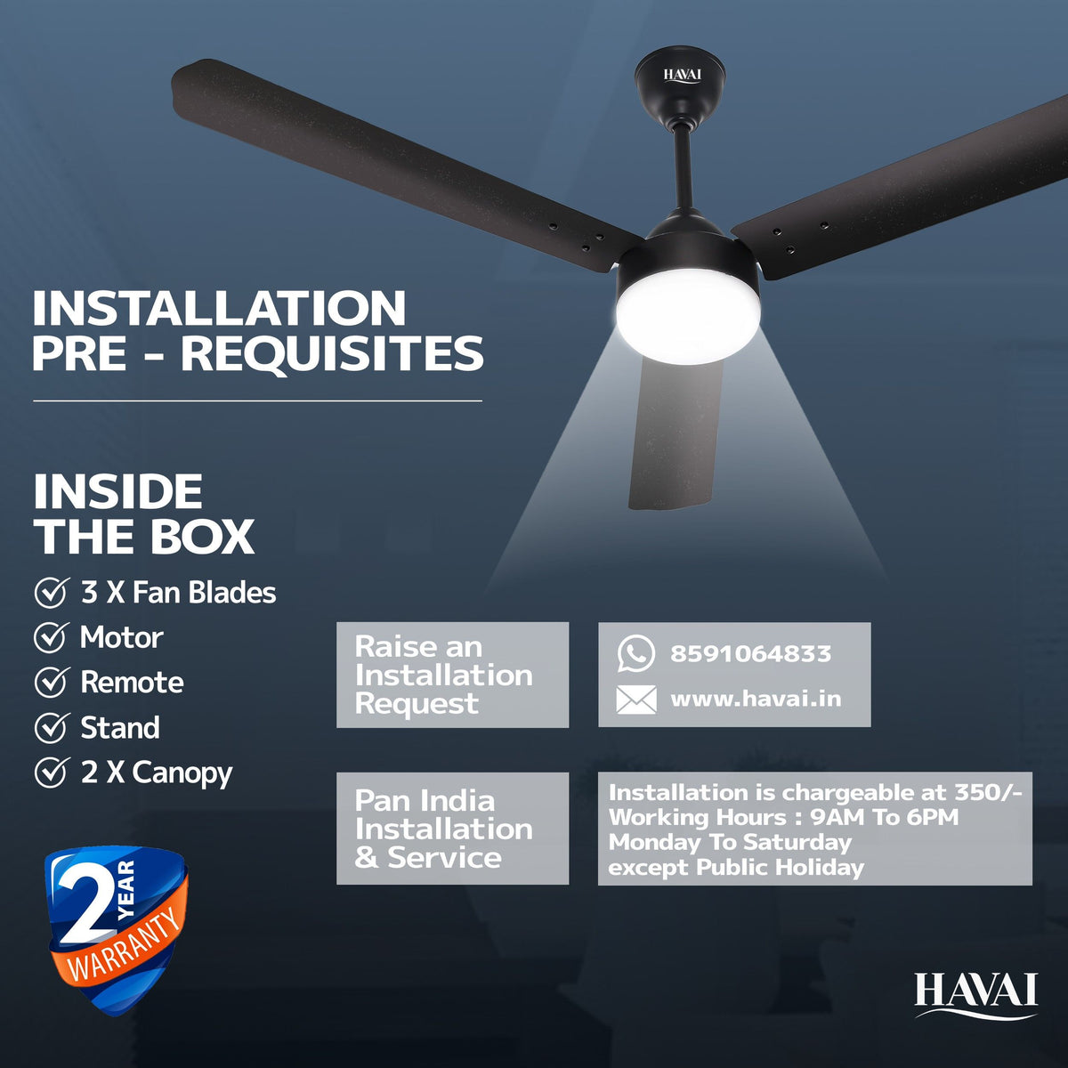 HAVAI Spinel BLDC Ceiling Fan 28W, 1200mm Blade with Remote - Smoky Brown,9W LED Light