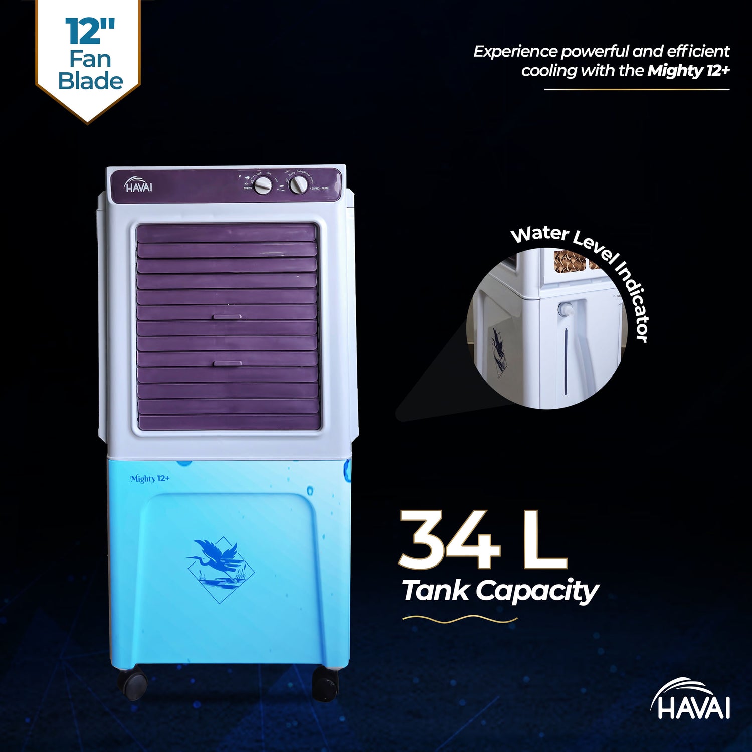 HAVAI Mighty 12+ | 12-Inch Personal Air Cooler | 36L Tank | 3-Side Honeycomb | Auto Swing | 3-Speed | 2400 RPM Motor | Vibrant Color | 200 Sq. Ft. Coverage