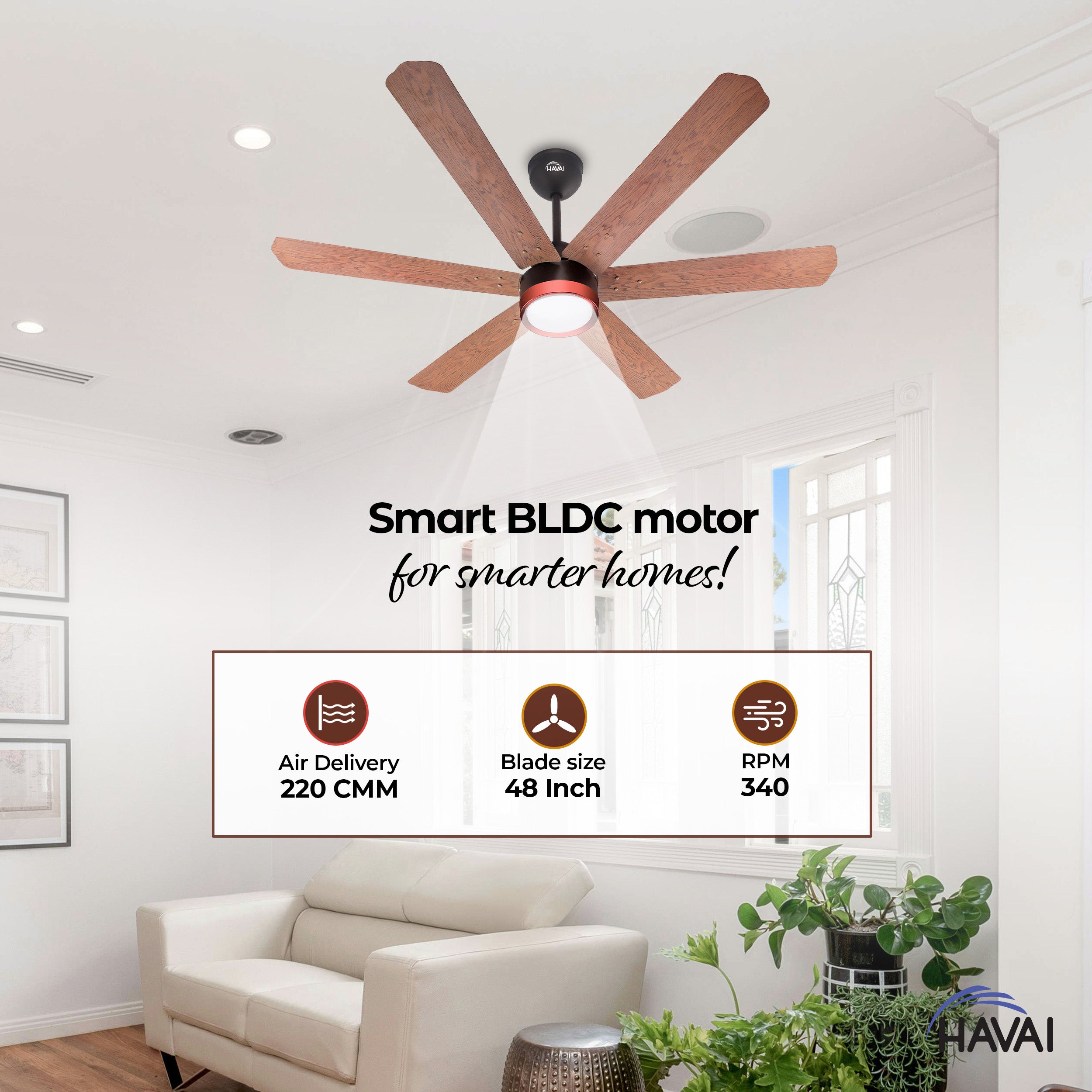 HAVAI Spinel BLDC Ceiling Fan with Decorative Ring | 1200mm, 6 Blades, 25W | Remote Control & 9W LED Light | 2 Years Warranty | Smoke Brown
