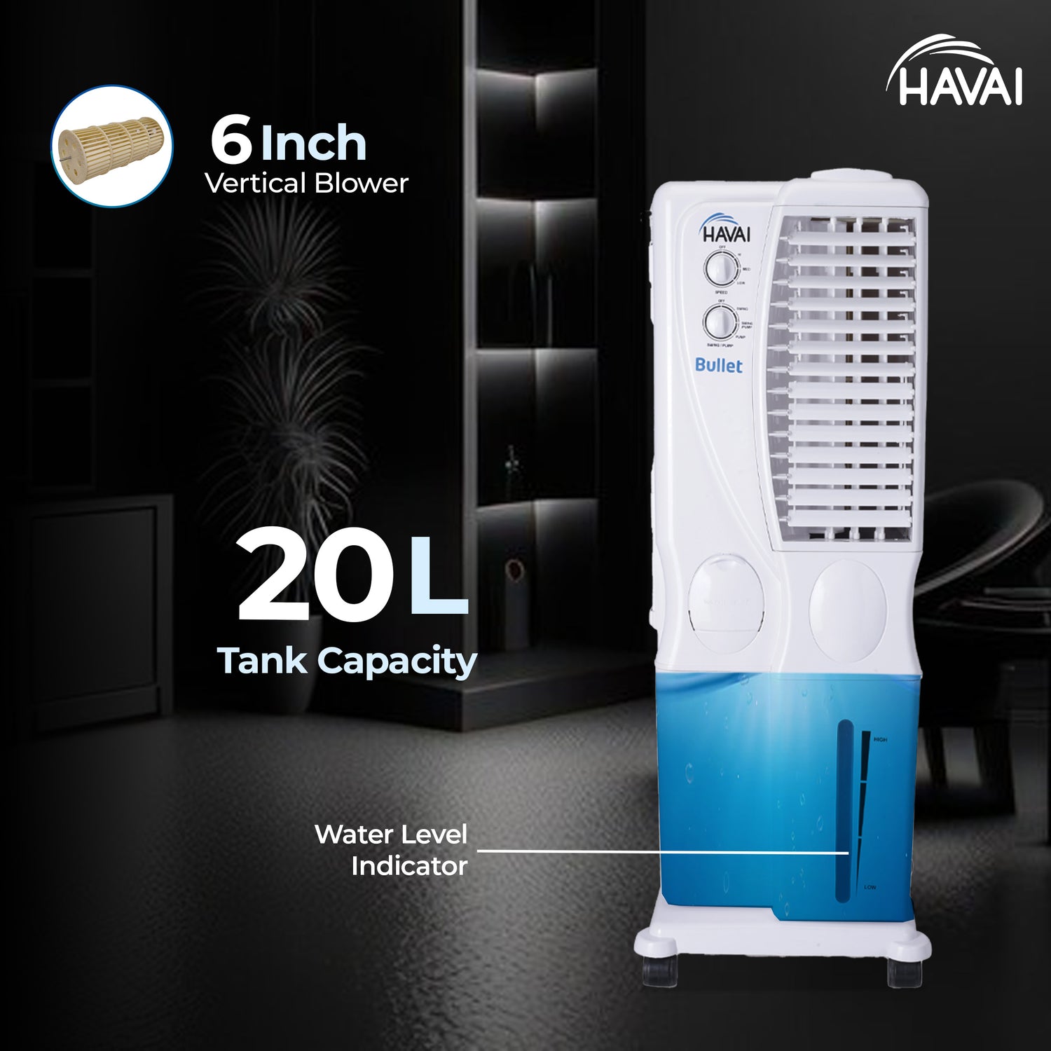 HAVAI Bullet Tower Air Cooler - 20 Liter, White
