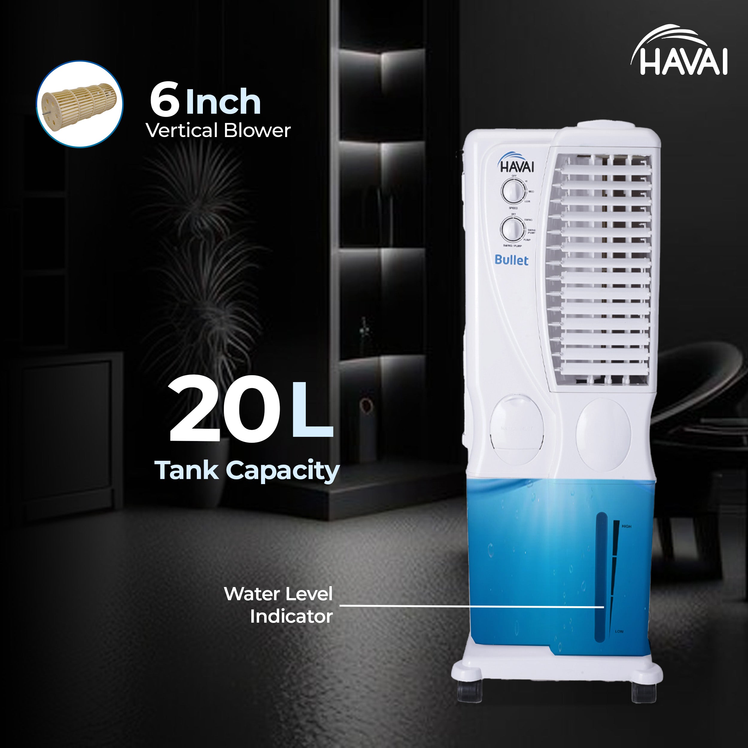 HAVAI Bullet Tower Air Cooler - 20 Liter, White
