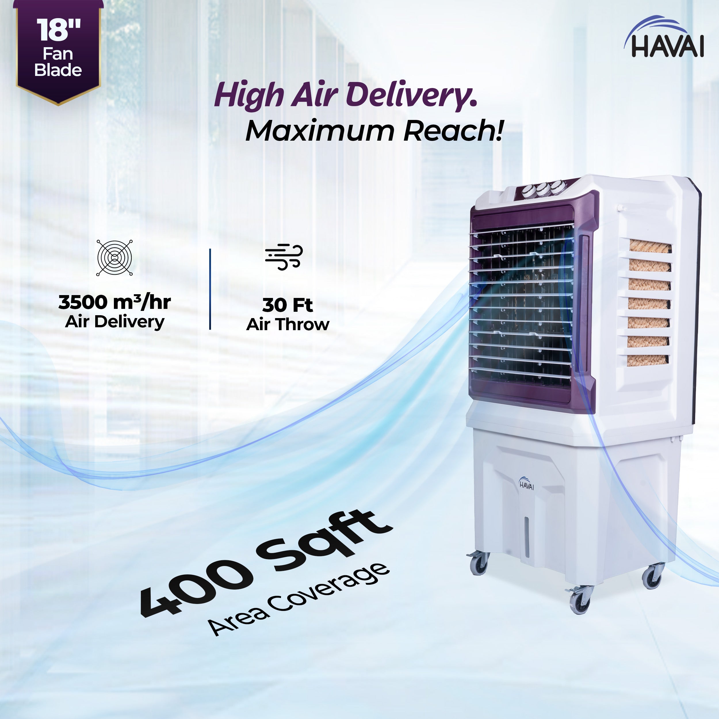 HAVAI Arizona 18 High Airflow Desert Cooler | 18” Metal Fan | 100L Tank | 3500 m³/hr Air Delivery | 30 ft Air Throw | 3-Side Thick Honeycomb Pads | Double Bearing Low-Noise Motor | Castor Wheels | 1-Year On-Site Warranty