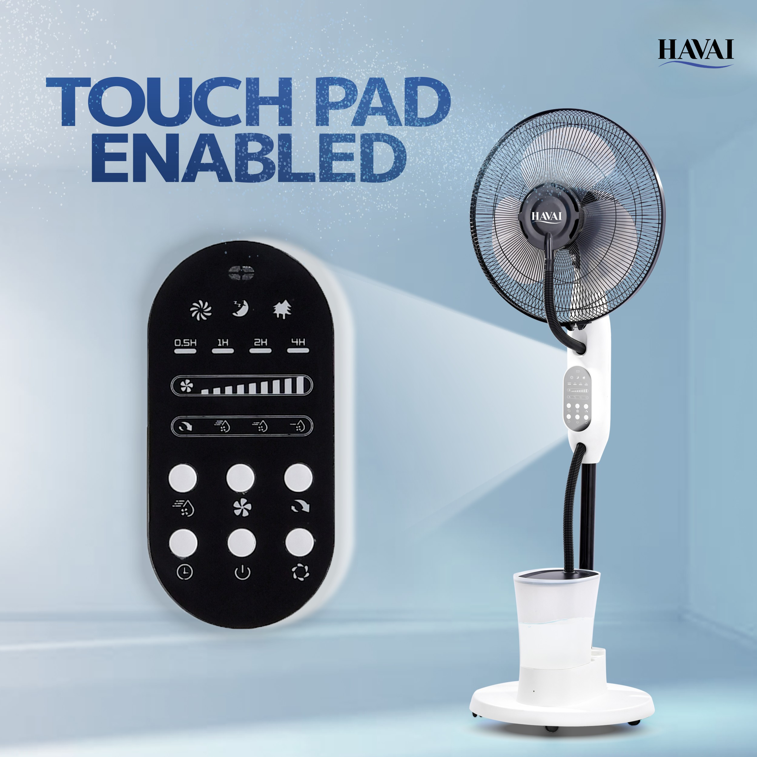 HAVAI Blu Mist Pedestal Fan – 16" Residential Mist Fan | Remote Control | 2.8 Litre Tank | Installation Included (White, Pack of 1)