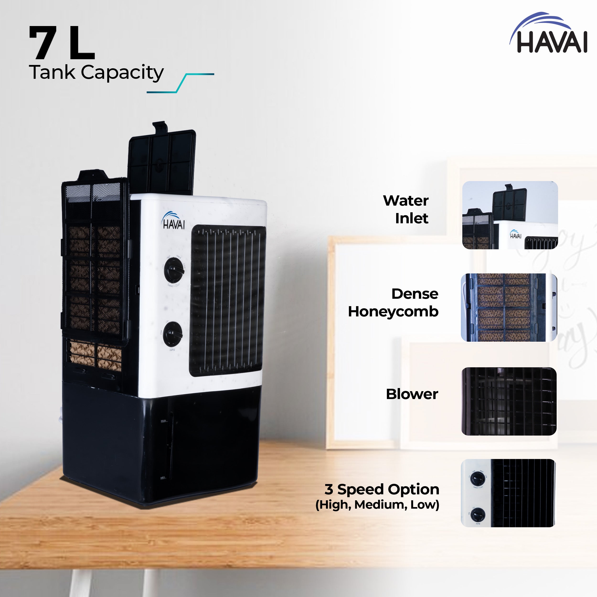 HAVAI Nano Table Cooler | Vertical Blower |Single Person Use|7 Litre Tank Capacity, Ice Box, 2 Feet Air Throw, 1 Year Warranty|3 Speed Control | Dualtone