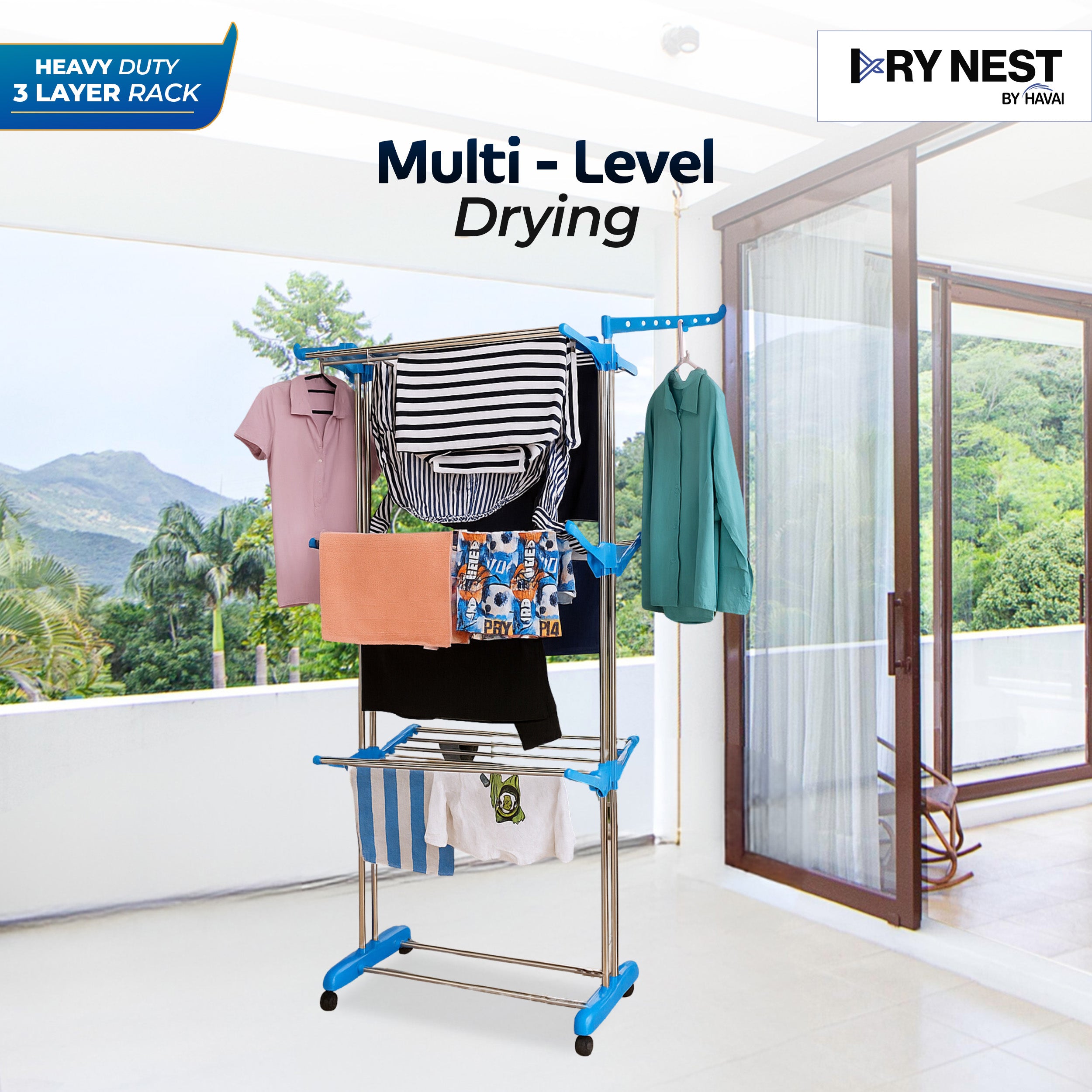 DryNest By HAVAI – Premium Clothes Drying Stand with Wheels | 3-Layer Jumbo Rack | Foldable Wings | 24 Hanger Rods | Anti-Rust Steel | Balcony-Friendly | Portable & Heavy-Duty