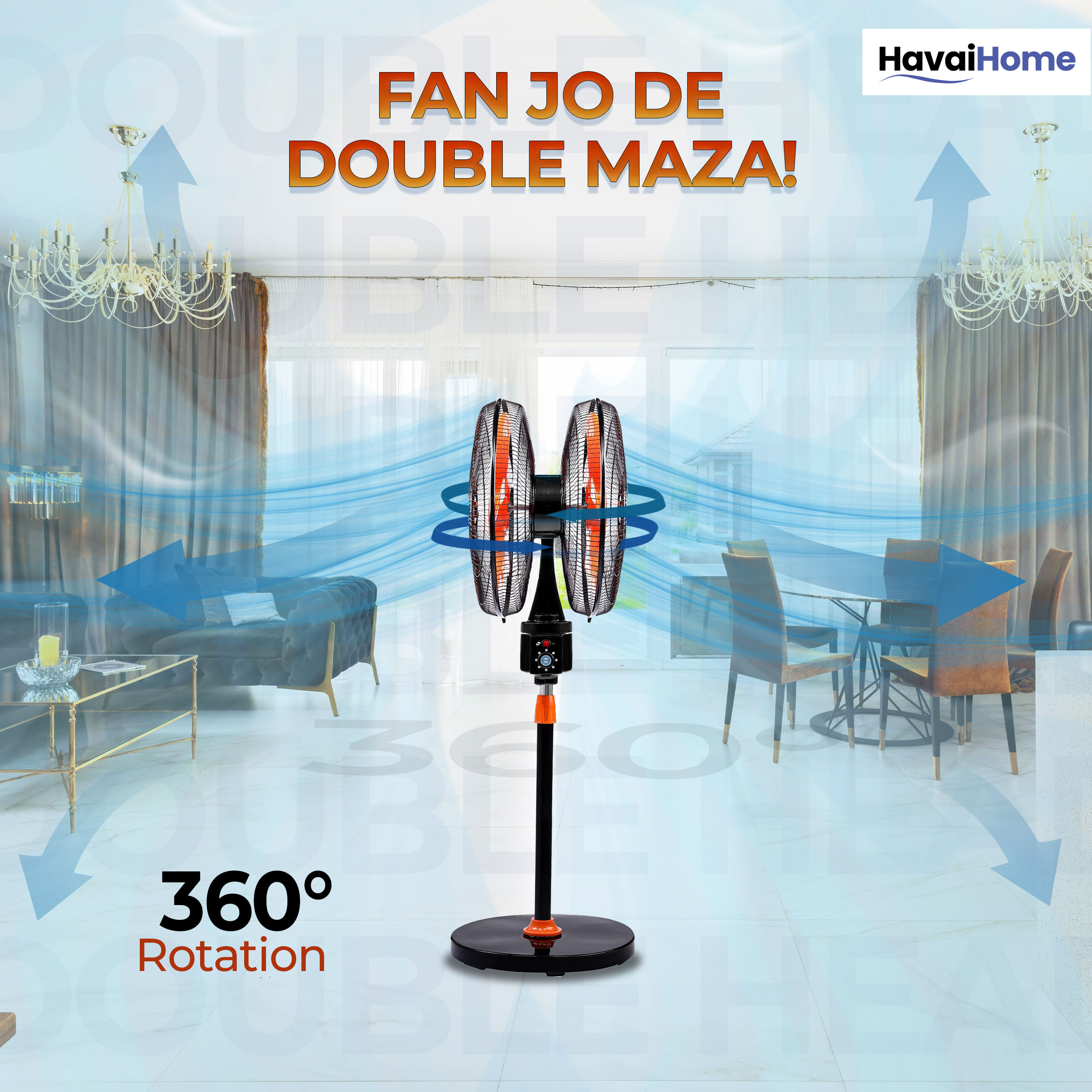 DOUBLE HEAD 360 DEGREE FAN |18 INCH|REMOTE CONTROL, DOUBLE HEADED, 360 Degree Coverage, Pedestal | 1 Year Warranty | 3 SPEED CONTROL | ORANGE AND BLACK
