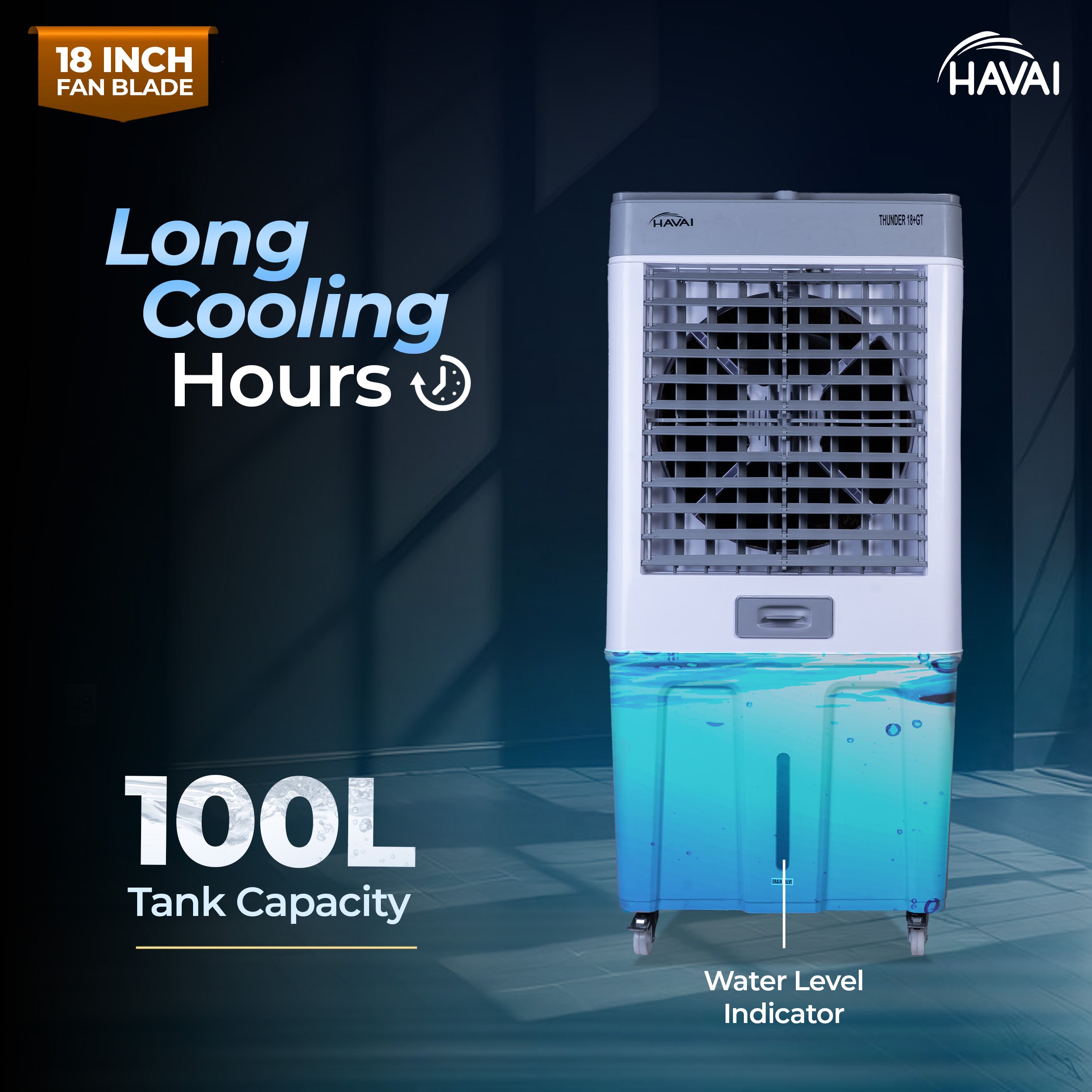 HAVAI Thunder 18+ GT Desert Cooler | 18” Aluminium Blade | 100L Tank | 3-Side Honeycomb Pads | 20 Ft Air Throw | Heavy-Duty 110mm Motor | Auto Swing | White & Grey