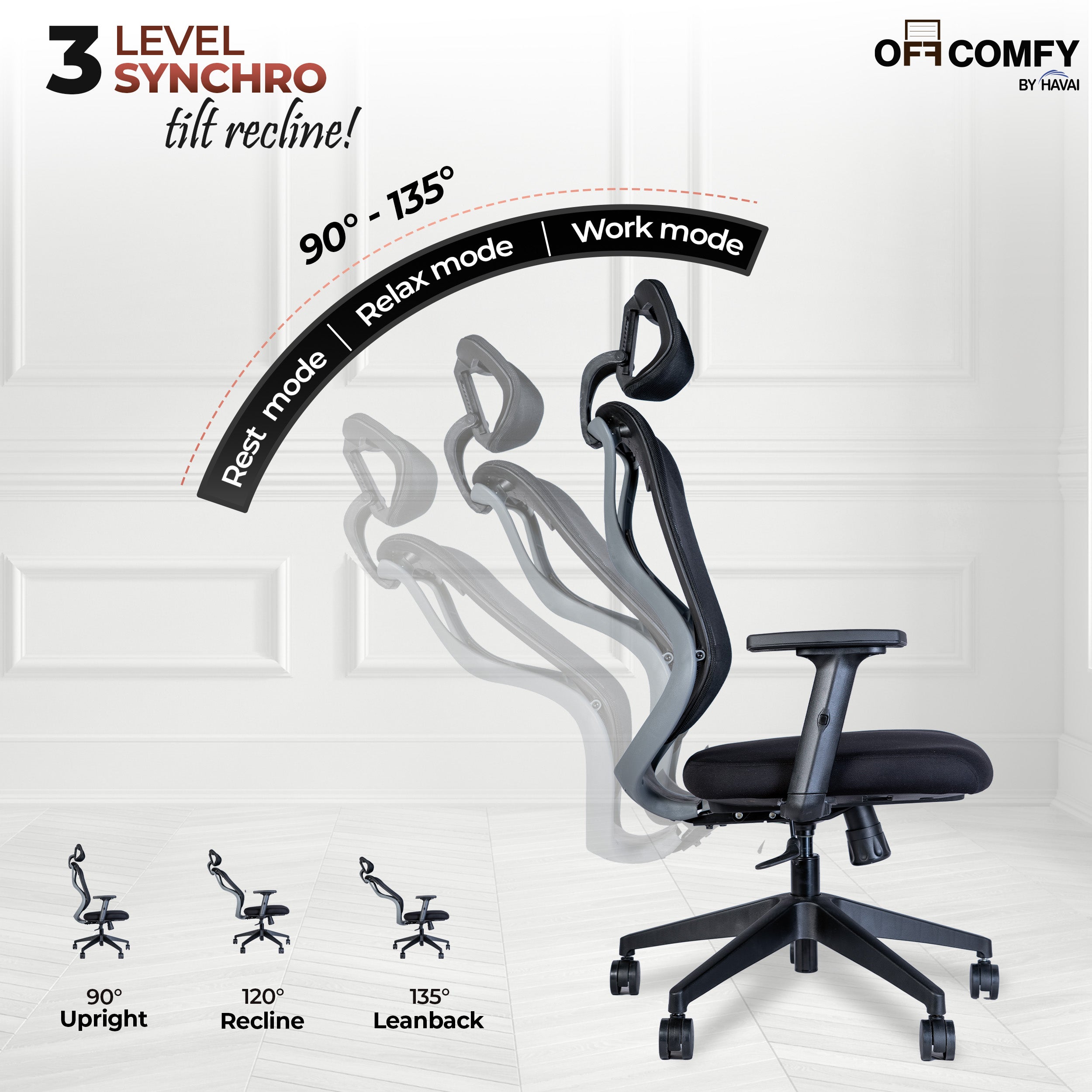 Off Comfy by HAVAI - Titan Lite Black Chair | Korean Mesh | 2D Arms | Lumbar | Seat Slider | Gaslift | Chrome Base | 60mm Castors