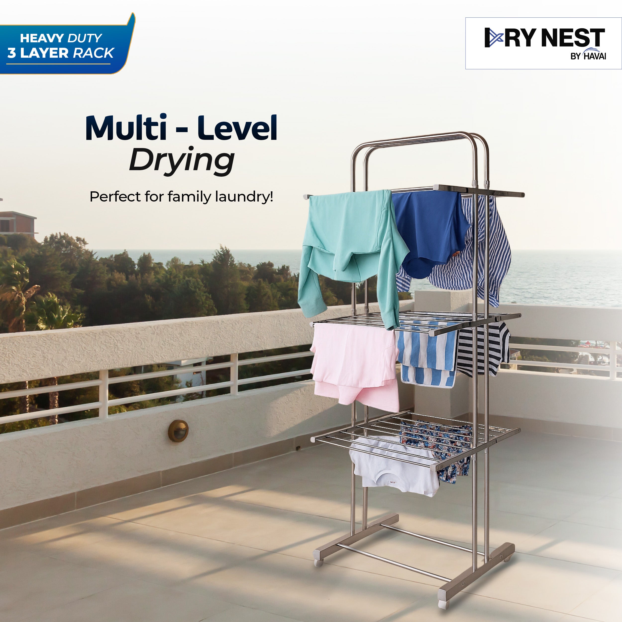 DryNest By HAVAI – Heavy Duty 3-Tier Foldable Cloth Drying Stand | Stainless Steel Rack for Indoor & Outdoor Use | Portable Clothes Stand for Balcony & Home Drying