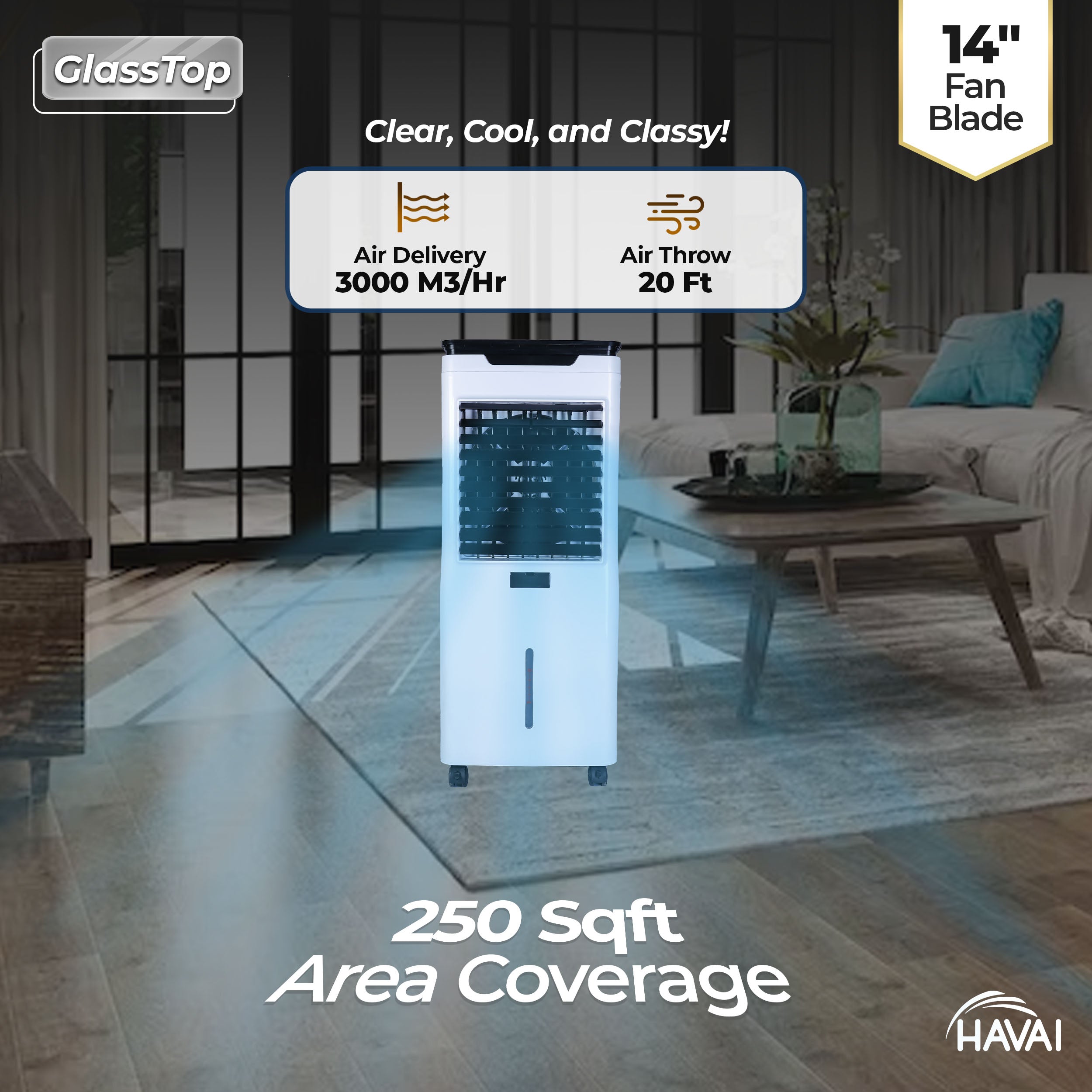 HAVAI Premium Glass Top GT 14 Air Cooler | 60L Tank Capacity | 14" Fan Blade | 170W Power | 20ft Air Throw | 3-Side Honeycomb Cooling | Sleek Glass Top Design | 4 Castor Wheels