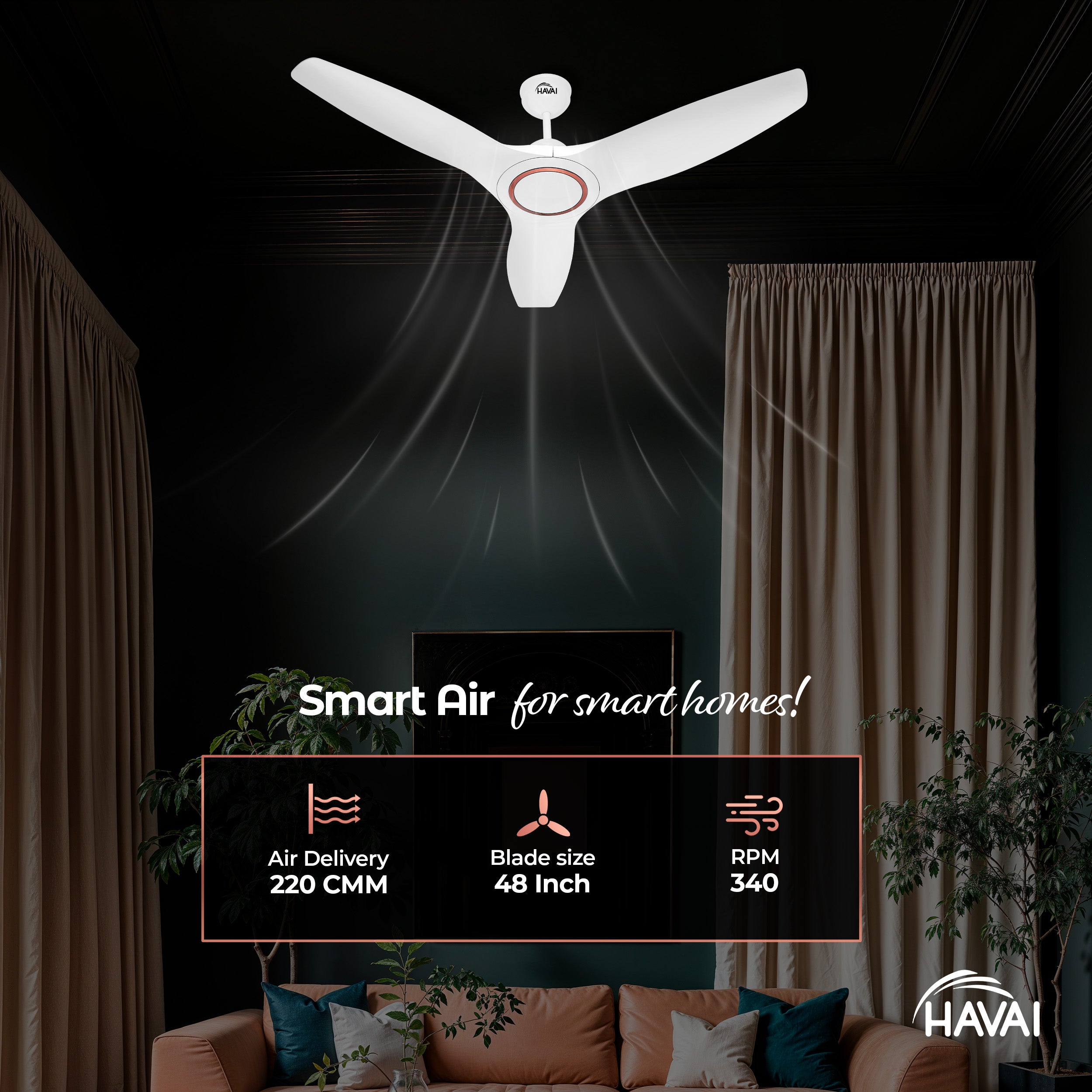 HAVAI Pristine Neo ABS Blade Ceiling Fan | 1200mm, 3 Blades, 27W | Remote Control | 2 Year Warranty | Pearl White