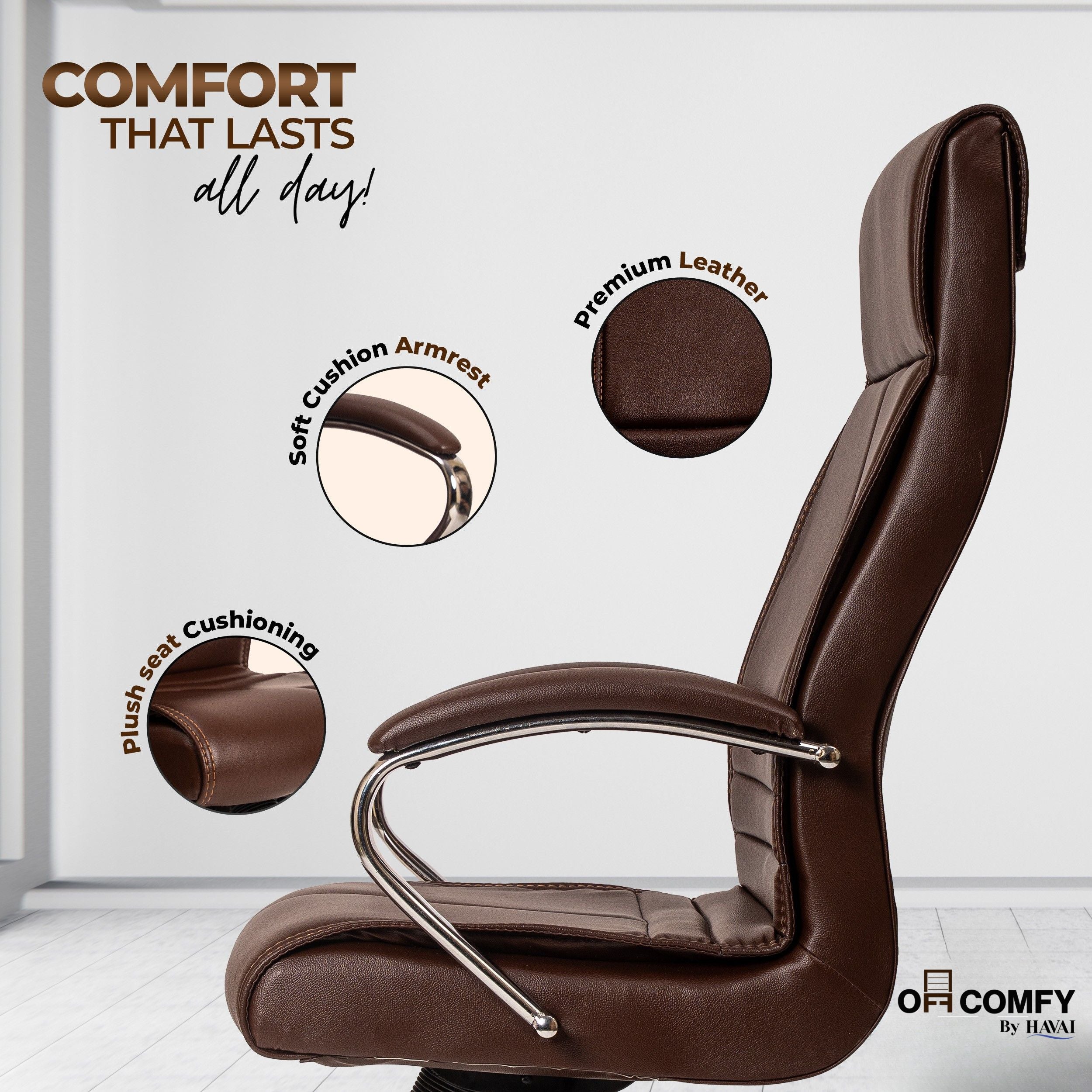 Nova High Back Office Chair | Premium Leather | Ergonomic Executive Chair with Single Lock Tilt Mechanism | Chrome Steel Base & Arms | Class 4 Gaslift | 50mm Casters | High-Density Cushioned Seat & Back (Brown)
