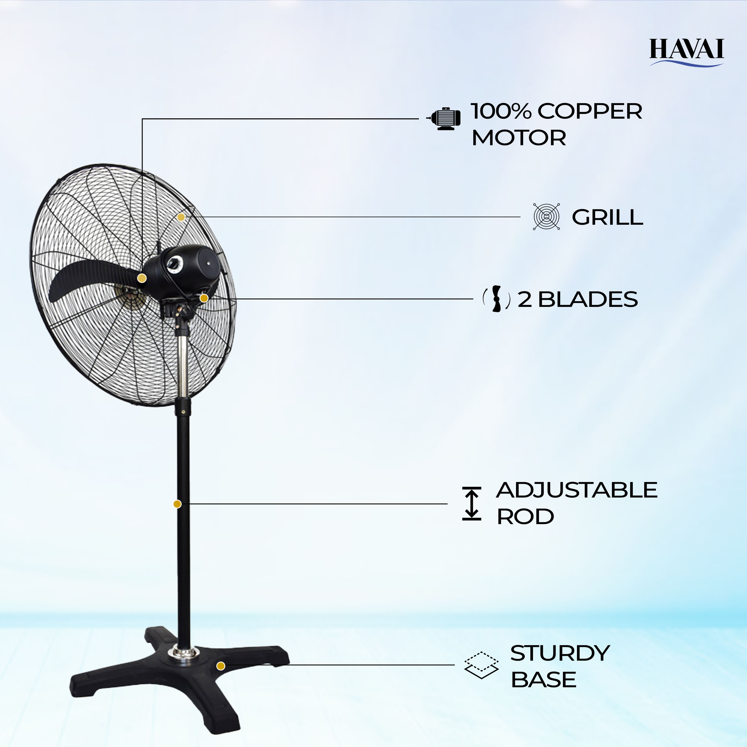 HAVAI BLDC Pedestal Fan 26 inch, 50% Savings on Electricity, High Velocity, Heavy Duty Metal for Industrial, Commercial and Residential Use, Assembly Included