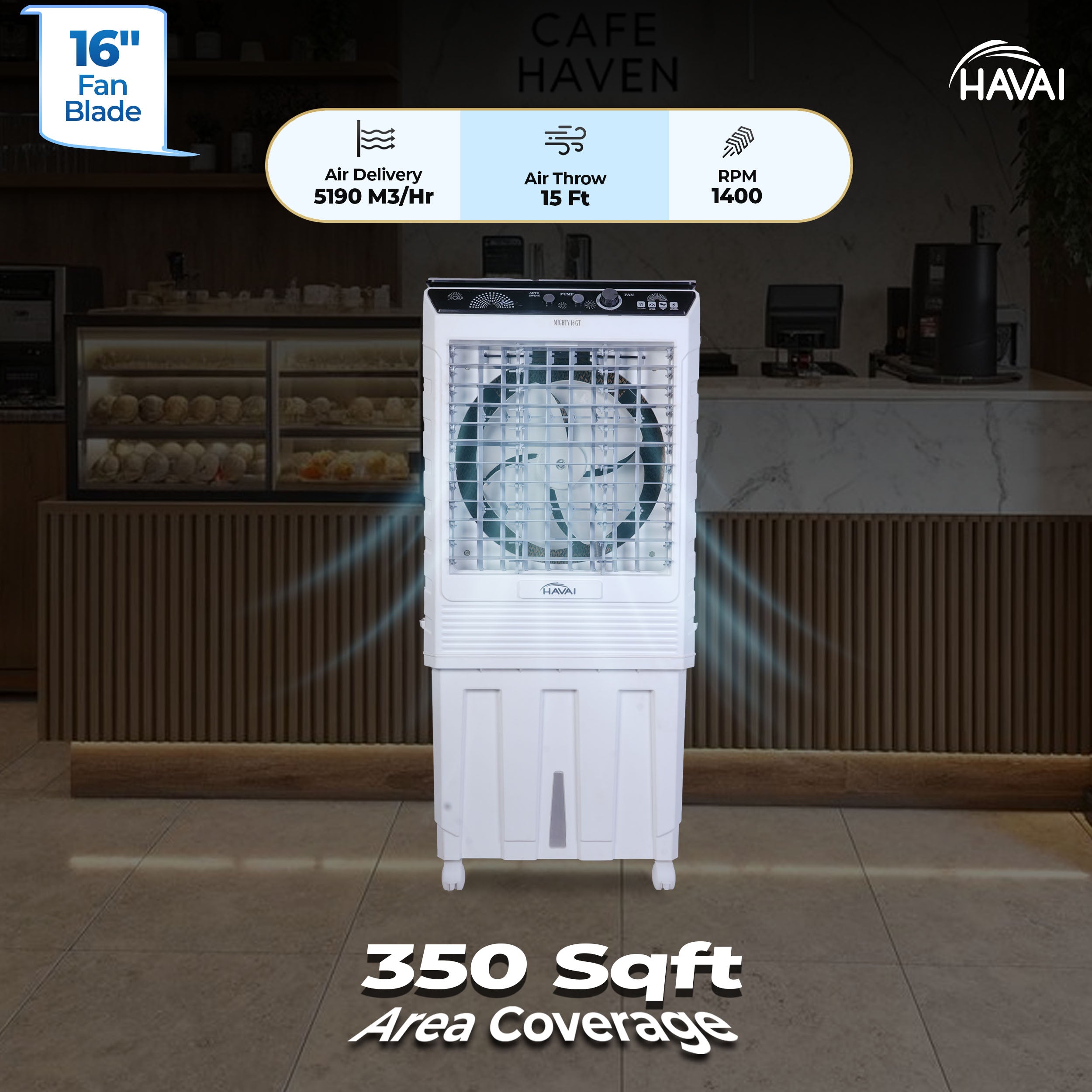 HAVAI Mighty 16 GT Glass Top Desert Air Cooler for Home & Commercial Use | 16 Inch Fan, 100L Tank, 5190 m³/hr Air Delivery | 350 Sq Ft Coverage | Honeycomb Pads, Aluminium Motor, Low Noise | White & Grey