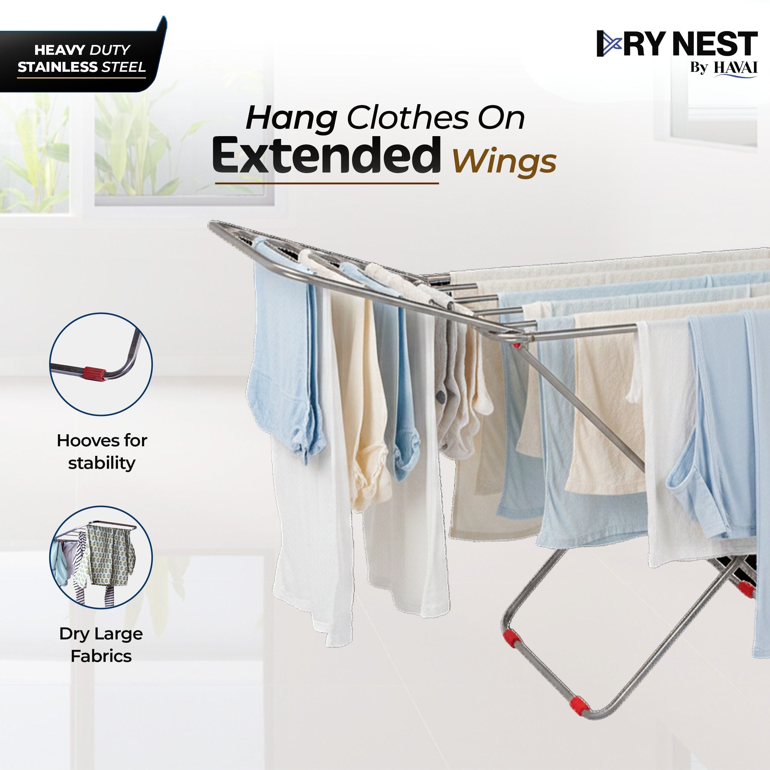 HAVAI DryNest 3.8 KG Heavy Duty Foldable Clothes Drying Stand | 20 Square Rust-Free Steel Rods | Strong Load Capacity | 3-Way Folding Laundry Airer | Space-Saving Indoor & Balcony Clothes Stand | 1-Year Warranty