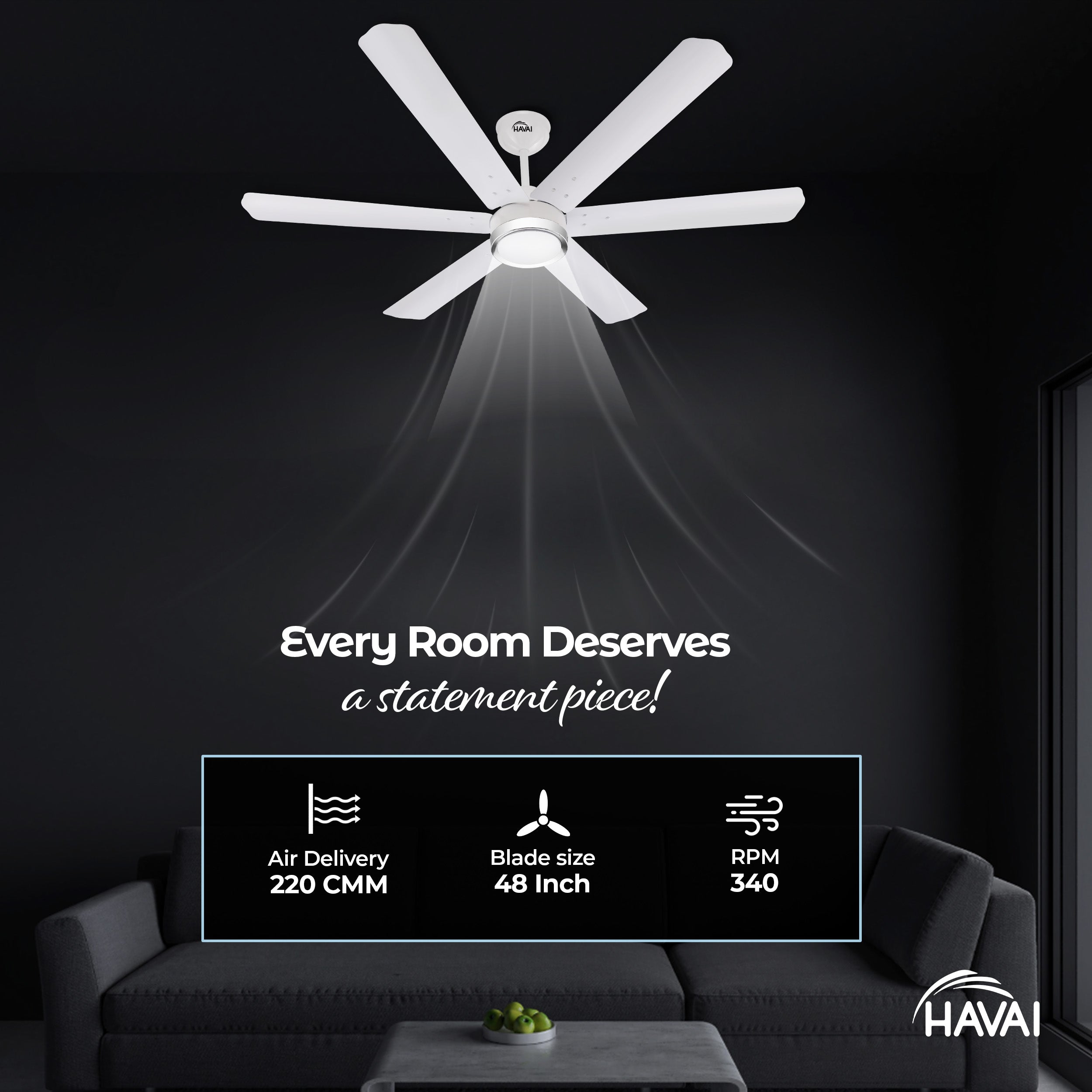 HAVAI Spinel BLDC Ceiling Fan with Decorative Ring | 1200mm, 6 Blades, 25W | Remote Control & 9W LED Light | 2 Years Warranty | Pearl White
