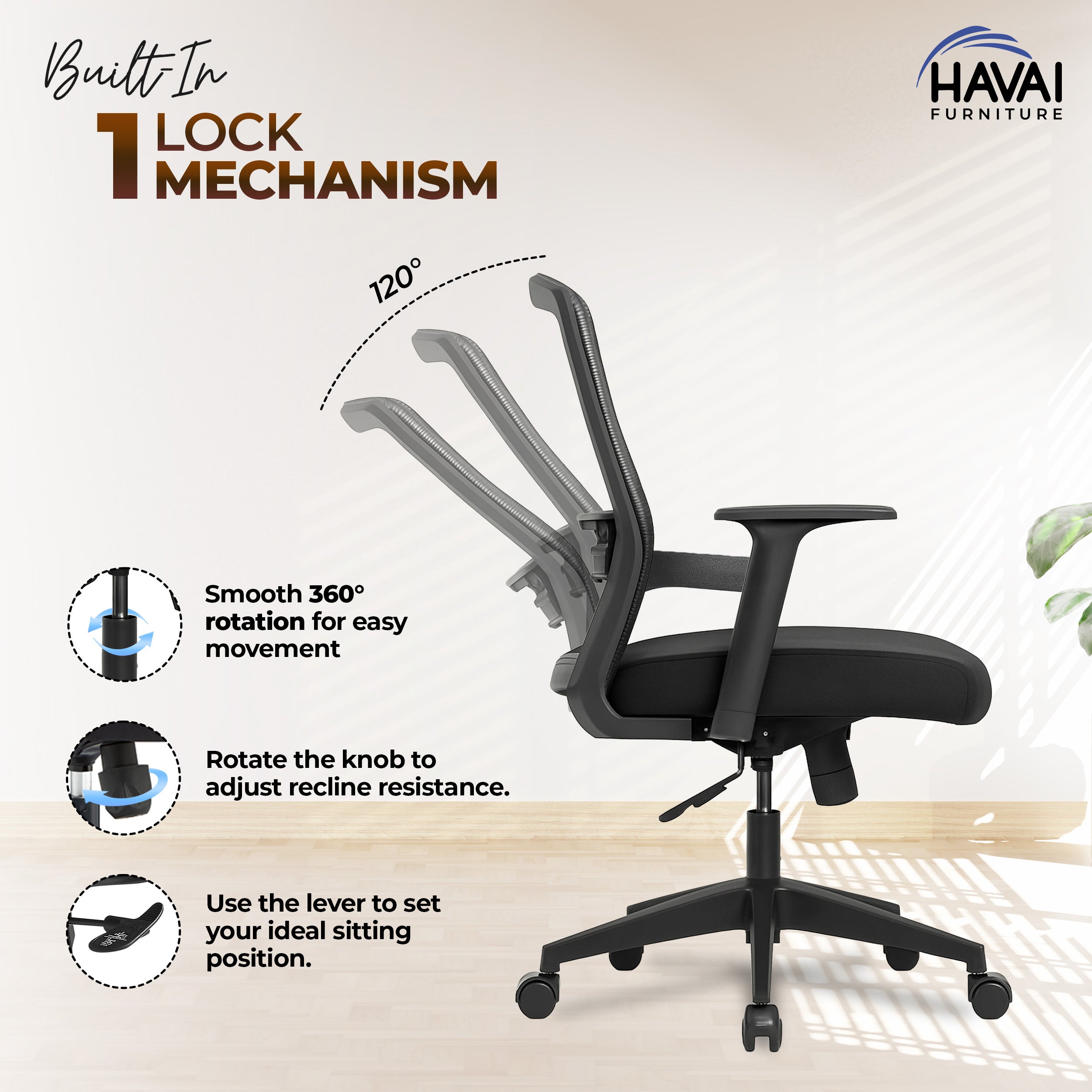 HAVAI Ergolite Mid Back Ergonomic Mesh Office Chair | One Lock Tilt Mechanism | Fixed Armrests | Nylon Base | Breathable Mesh Back (Black)
