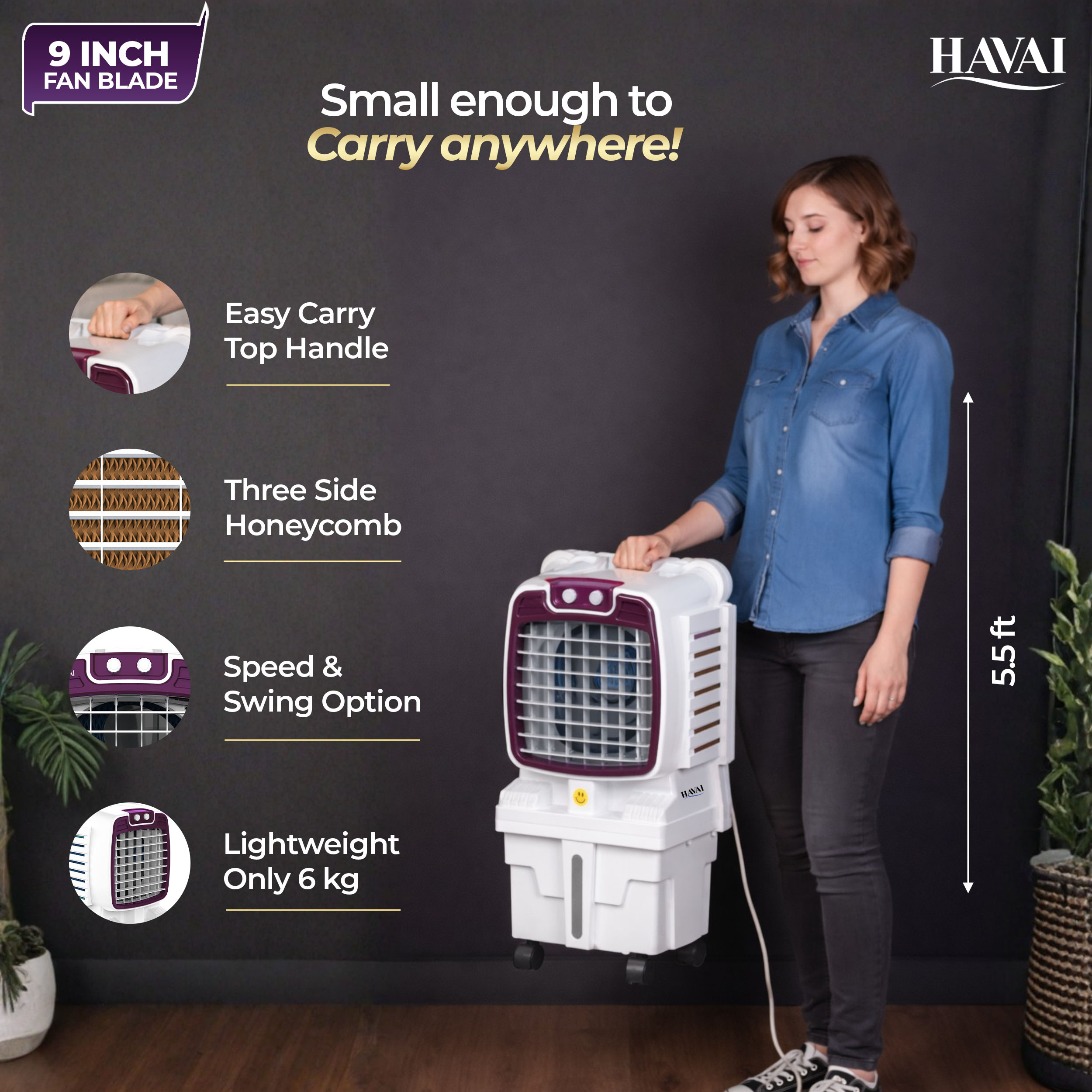 HAVAI Arizona 9 Mini Personal Air Cooler | India’s First 9-Inch Blade Cooler | 2600 RPM | 5 Ft Air Throw | 3-Side Honeycomb | 12L Tank | Motorised Louvers | 120W | Ideal for 50 Sq Ft