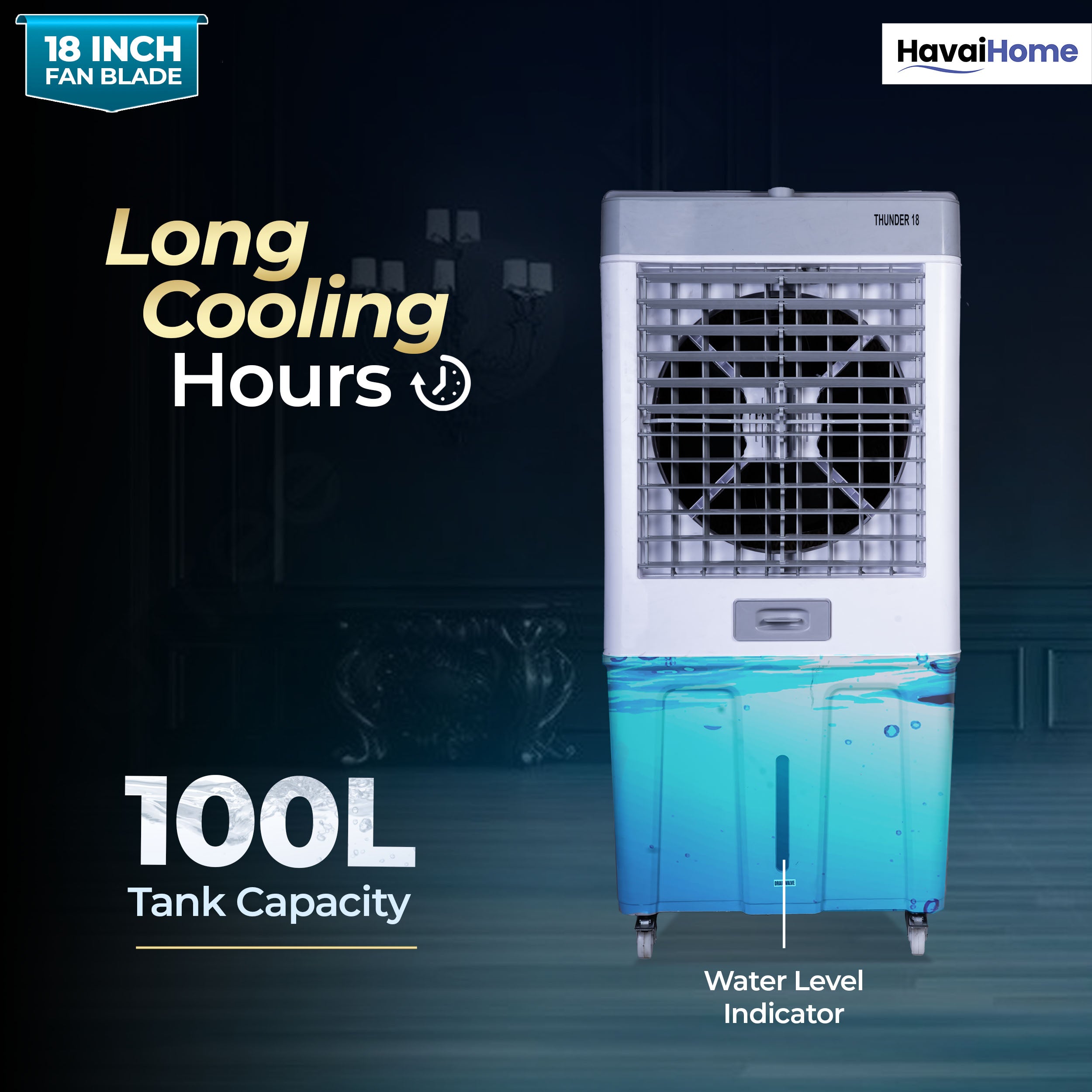 HAVAI Thunder 18 Desert Cooler | 18” Heavy-Duty Aluminium Fan Blade | 110 Dia 35mm Powerful Motor | Auto Swing | 3-Side Honeycomb Pads | 20 Ft Air Throw | 100L Tank | 1-Year Motor Warranty + Post-Warranty Support | White & Grey