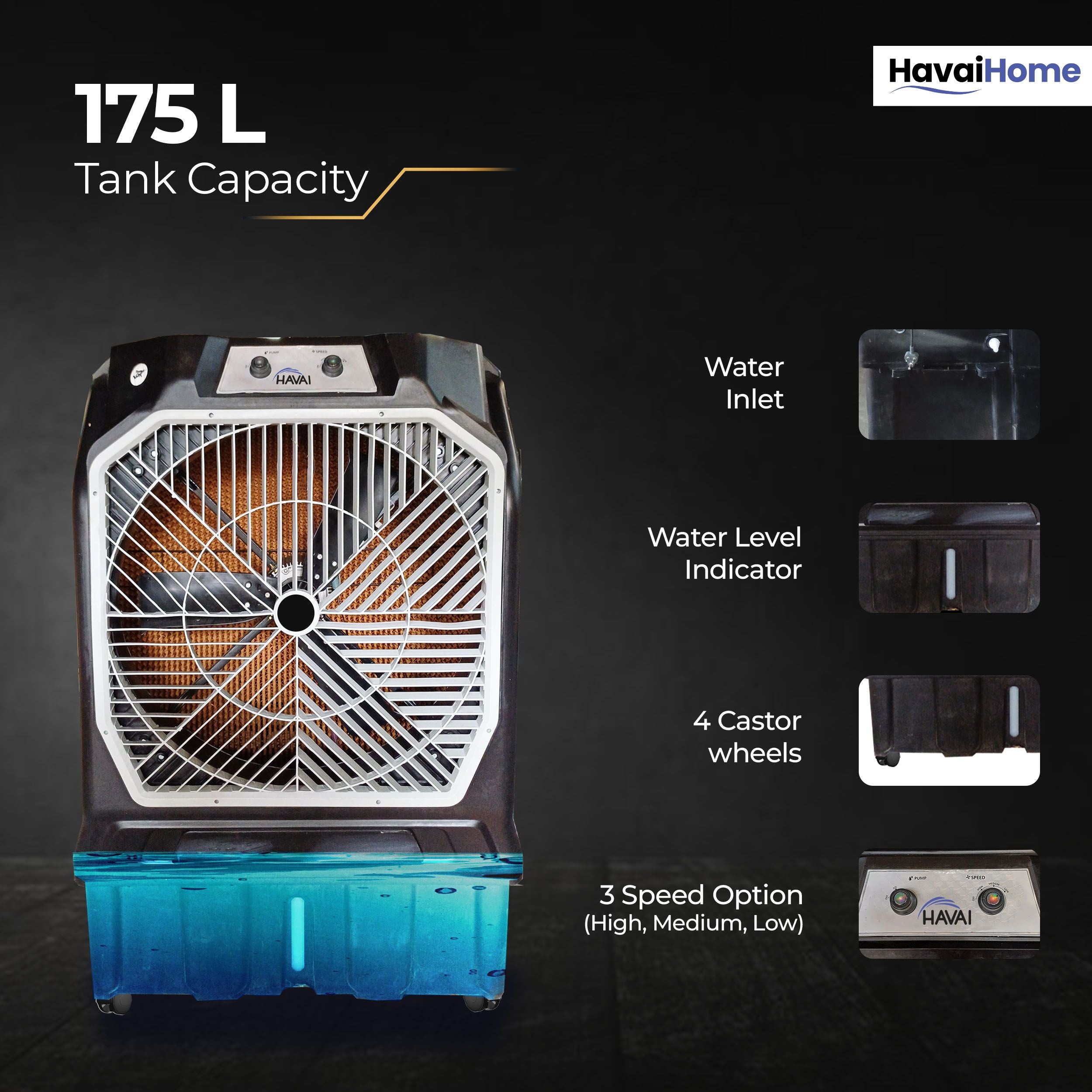 Thunder 200 Tent Cooler | 30-Inch Heavy-Duty 3-Leaf Blade | 10,000 m³/hr Air Delivery | 175 Litre Water Tank | 550W Powerful Motor | Single-Phase Aluminium Winding Motor|1-Year Warranty)