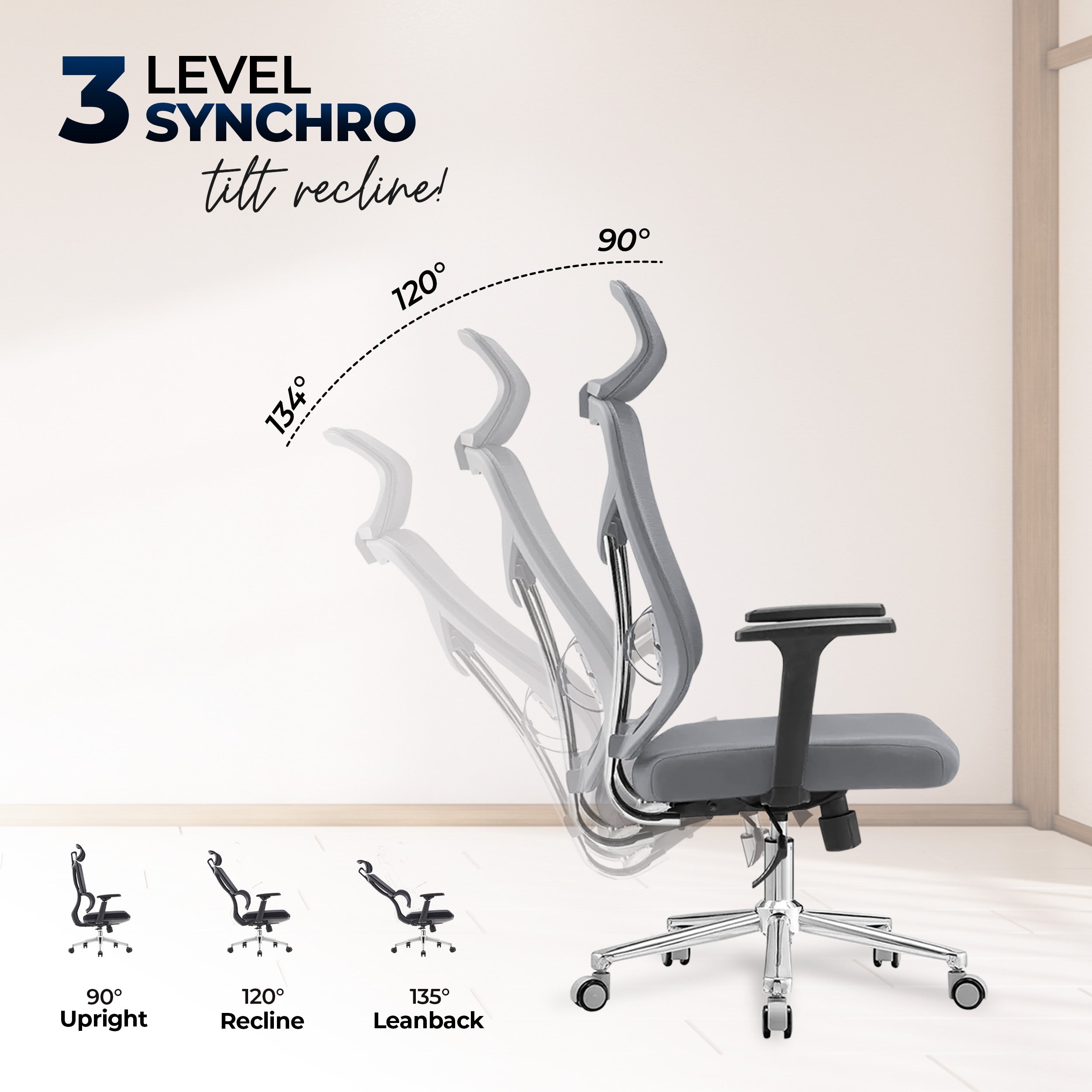 HAVAI Pulse High Back Ergonomic Mesh Office Chair | Multi-Lock Tilt Mechanism | Chrome Base| Breathable Mesh Back | Fixed Headrest (Grey)