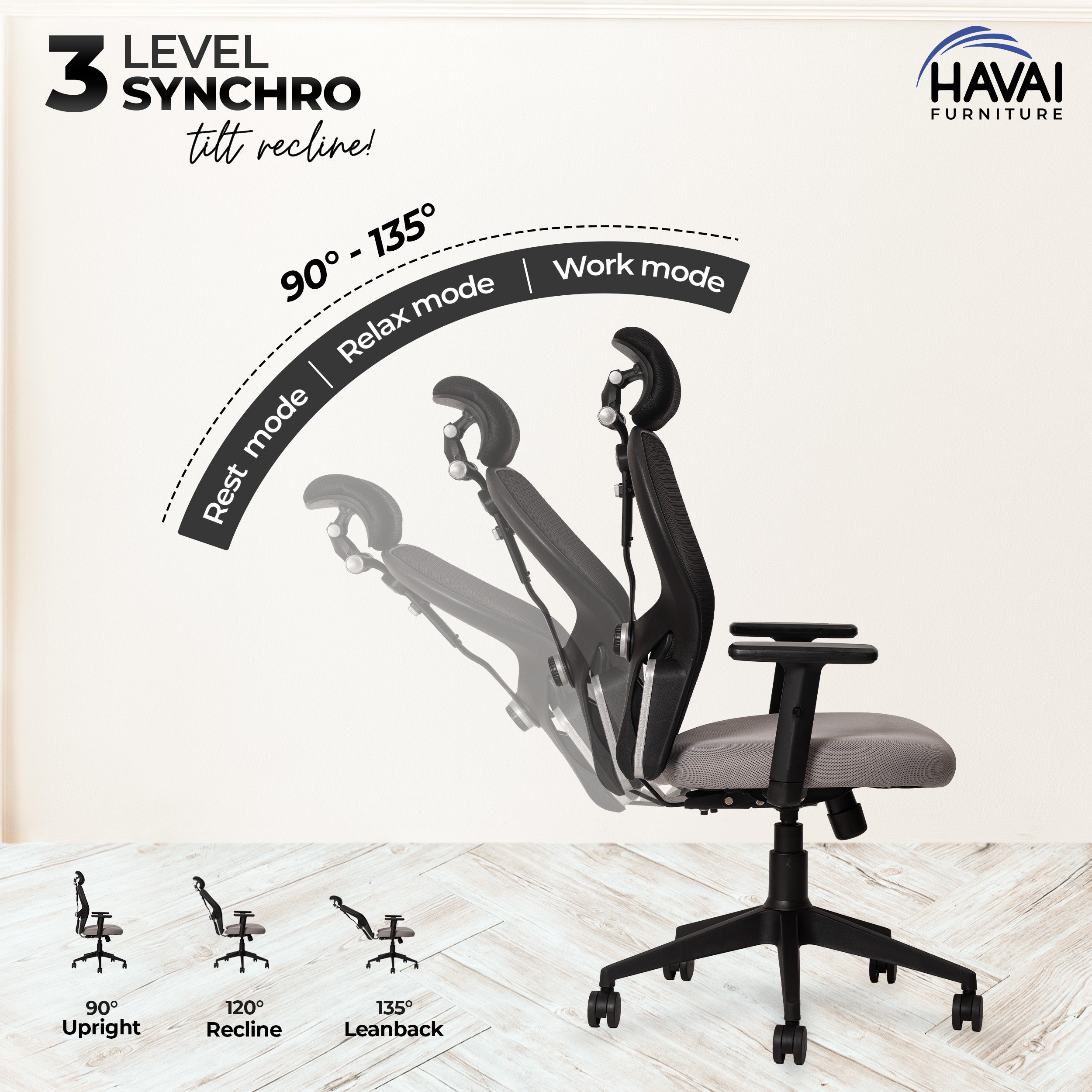 HAVAI Tauras Lean Back High Back Mesh Ergonomic Office Chair | Single Lock Synchro Tilt | Nylon Base | Class 4 Gaslift | 1D Adjustable Armrests | 50mm Casters | Premium Mesh Back & Fabric Seat