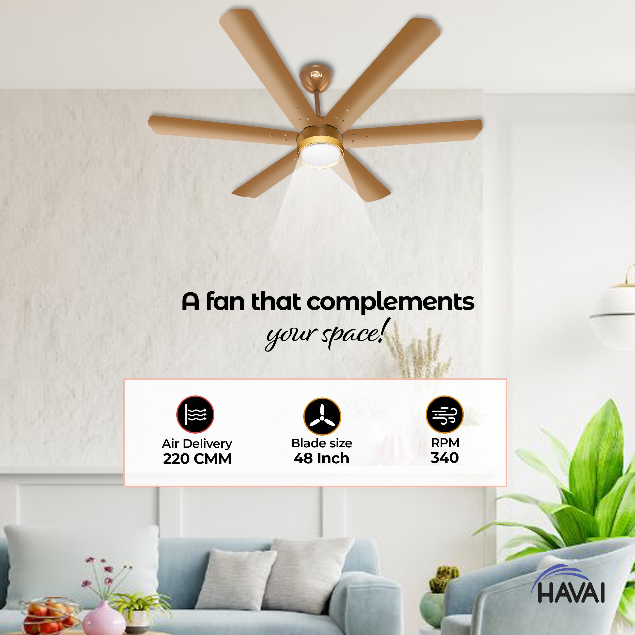 HAVAI Spinel BLDC Ceiling Fan with Decorative Ring | 1200mm, 6 Blades, 25W | Remote Control & 9W LED Light | 2 Years Warranty | Champagne Yellow