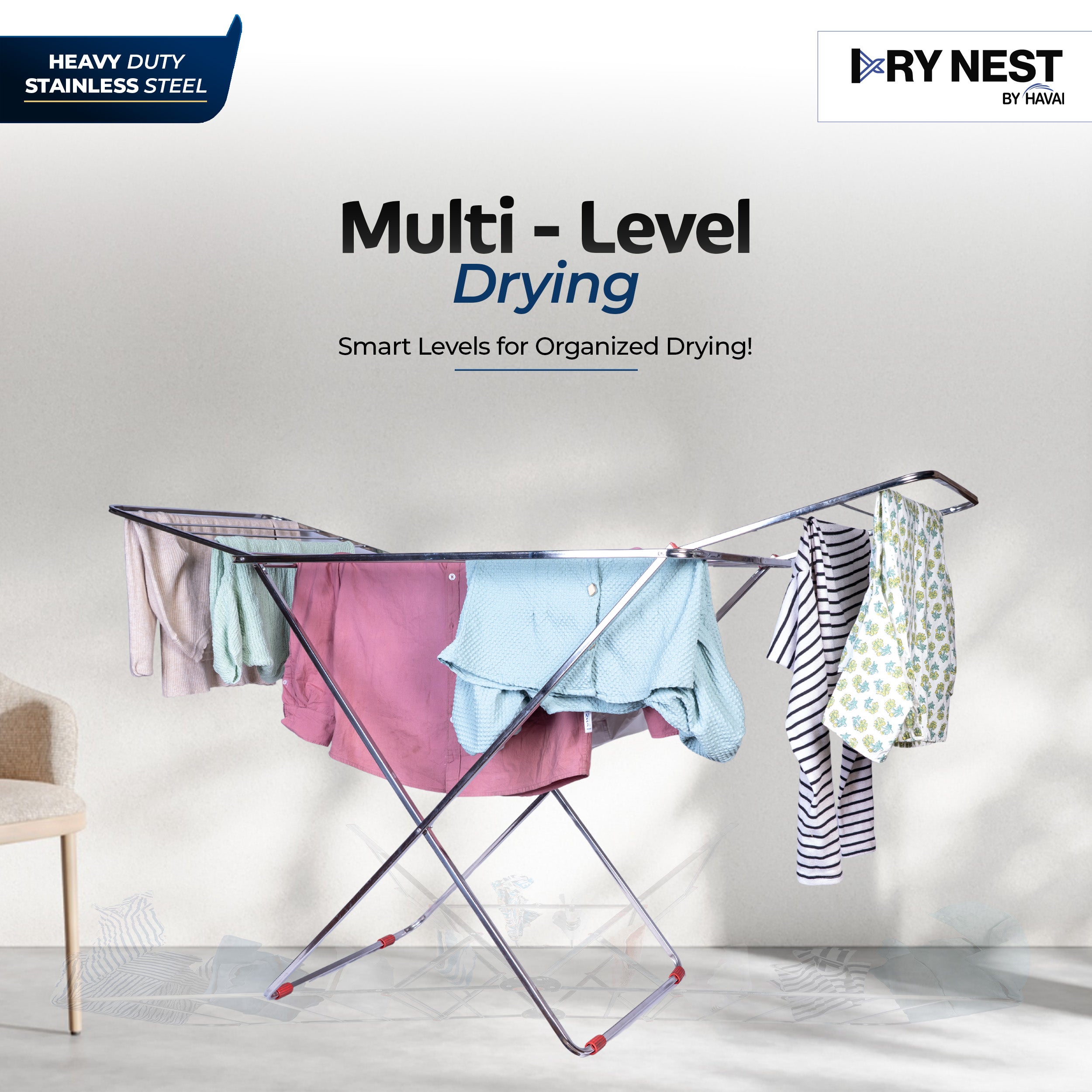 DryNest by HAVAI – 3.5 KG Premium Clothes Drying Stand | 3-Way Foldable Airer | 20 Rust-Free Steel Drying Rails | Heavy-Duty & Portable | 1-Year Warranty | Balcony & Indoor Friendly