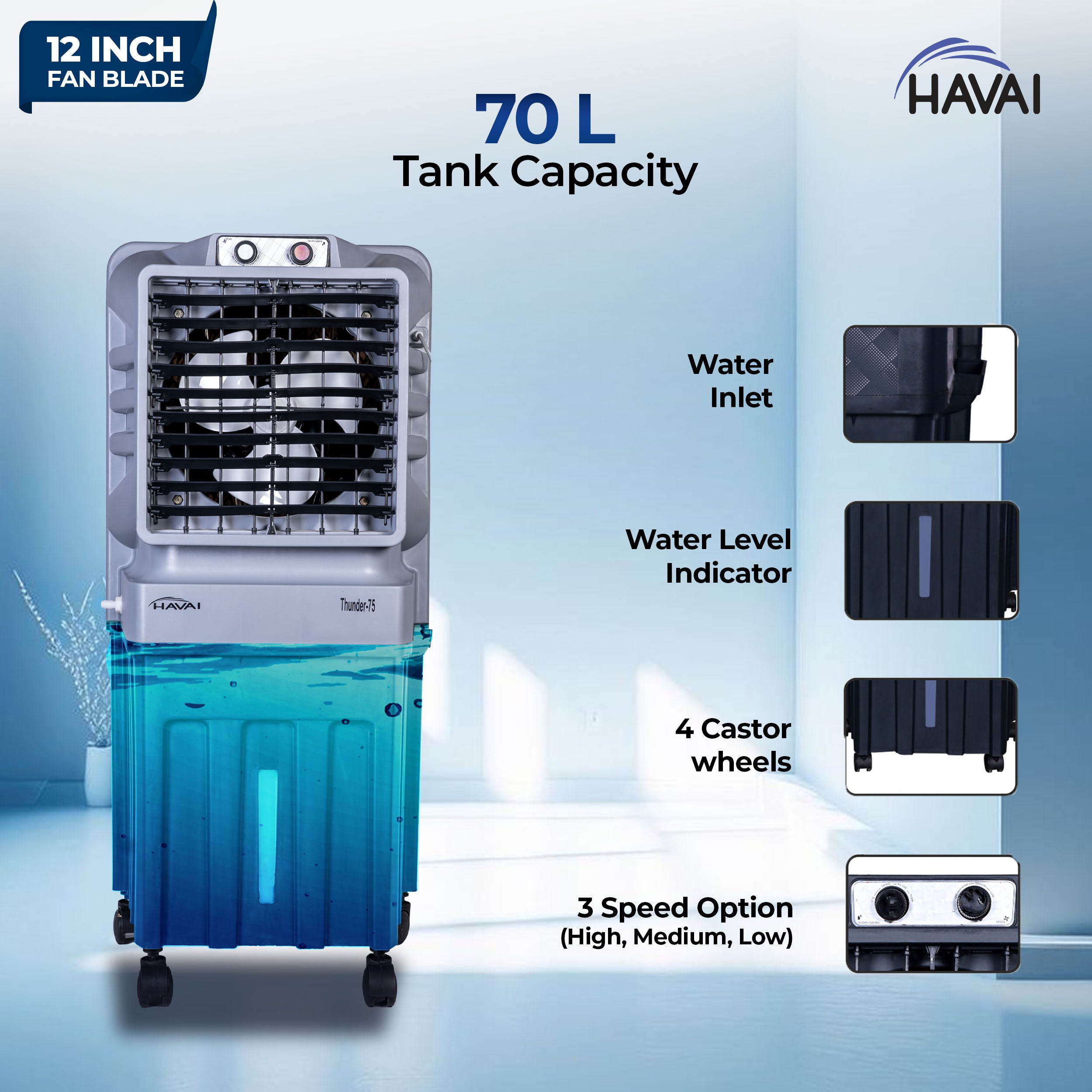 HAVAI Thunder-75 Tower Air Cooler | 70L Tank | 12″ Blade | Ideal for 150 sq ft Rooms | 130W Power | 10 ft Air Throw | 1350 RPM | Auto-Louver | 3-Speed | 1-Year On-Site Motor Warranty (Black & Grey)