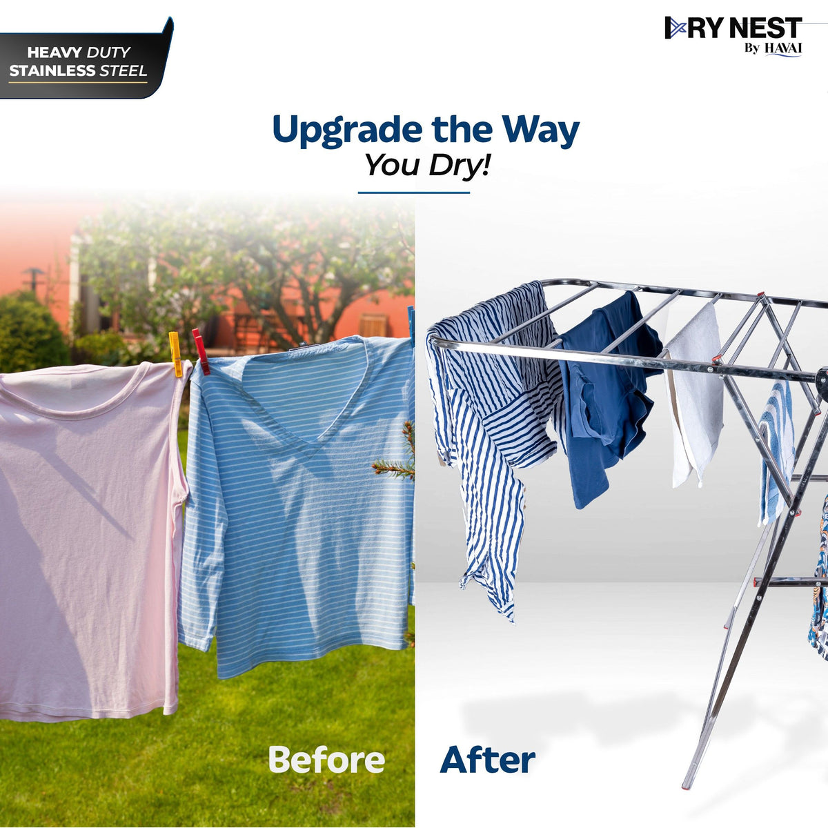 DryNest by Havai – 4.1 KG Heavy Duty Foldable Cloth Drying Stand | Premium Rust-Free Stainless Steel Laundry Rack with Strong Steel Rods | Indoor, Outdoor & Balcony Use | Portable Clothes Dryer Stand